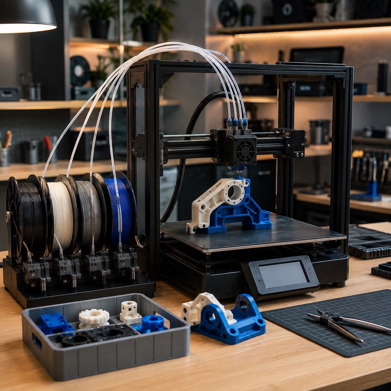 Impresora 3D con varias bobinas conectadas a un sistema multifilamento