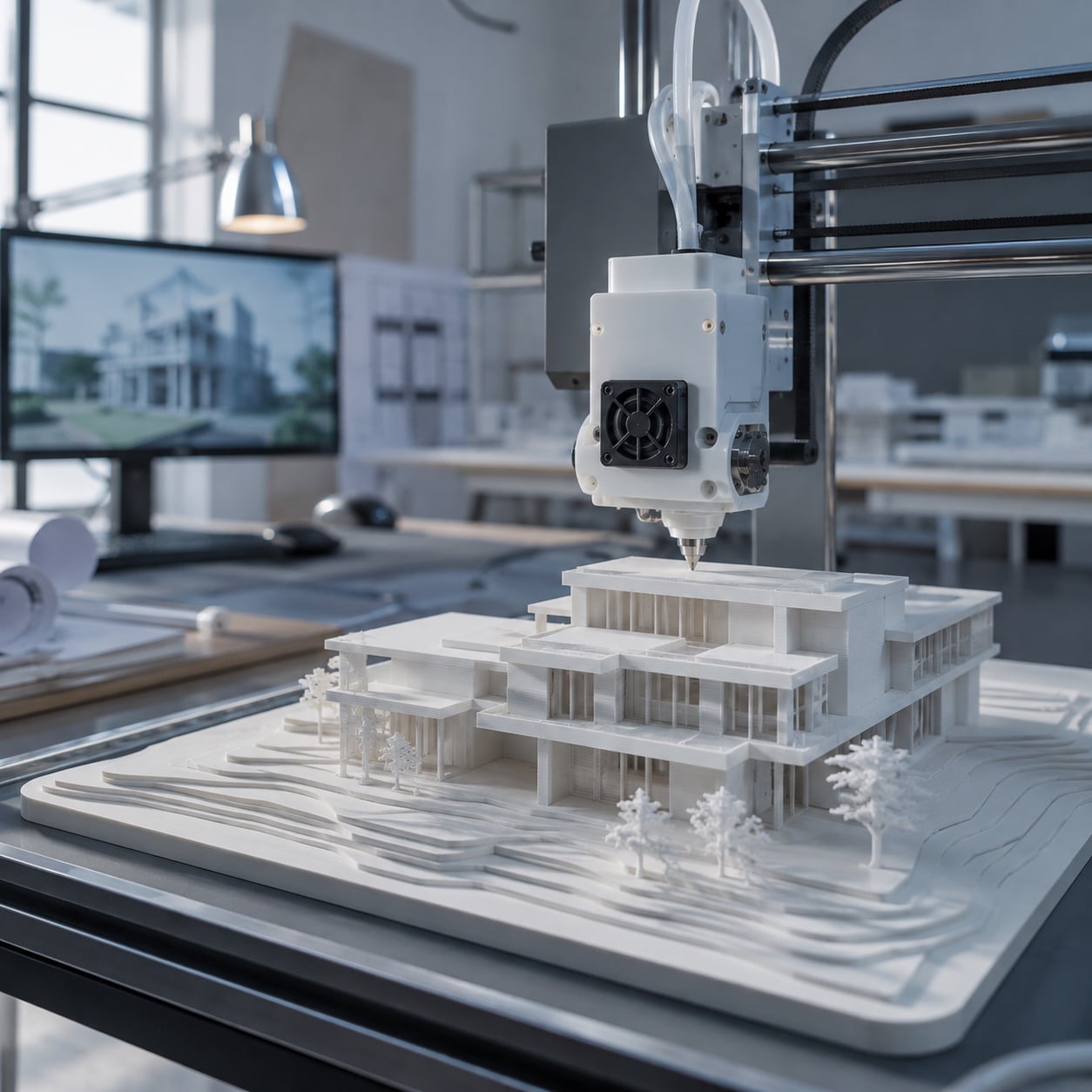 Impresora 3D fabricando una maqueta arquitectónica de un edificio contemporáneo
