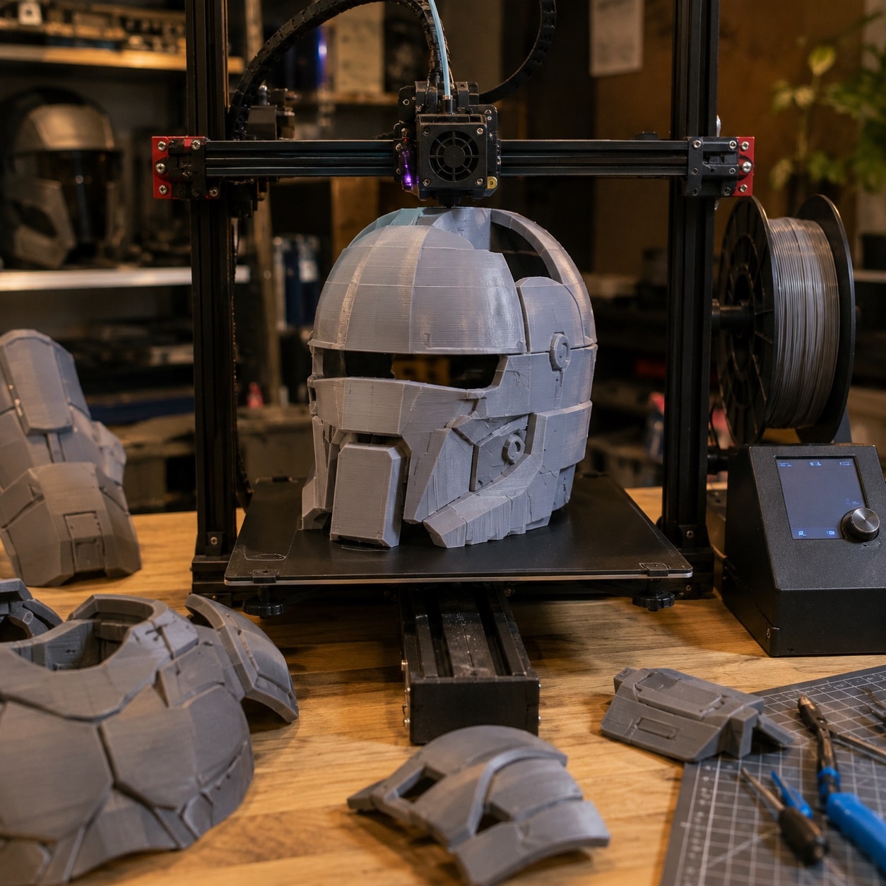 Impresora 3D de filamento fabricando un casco y piezas de armadura para cosplay