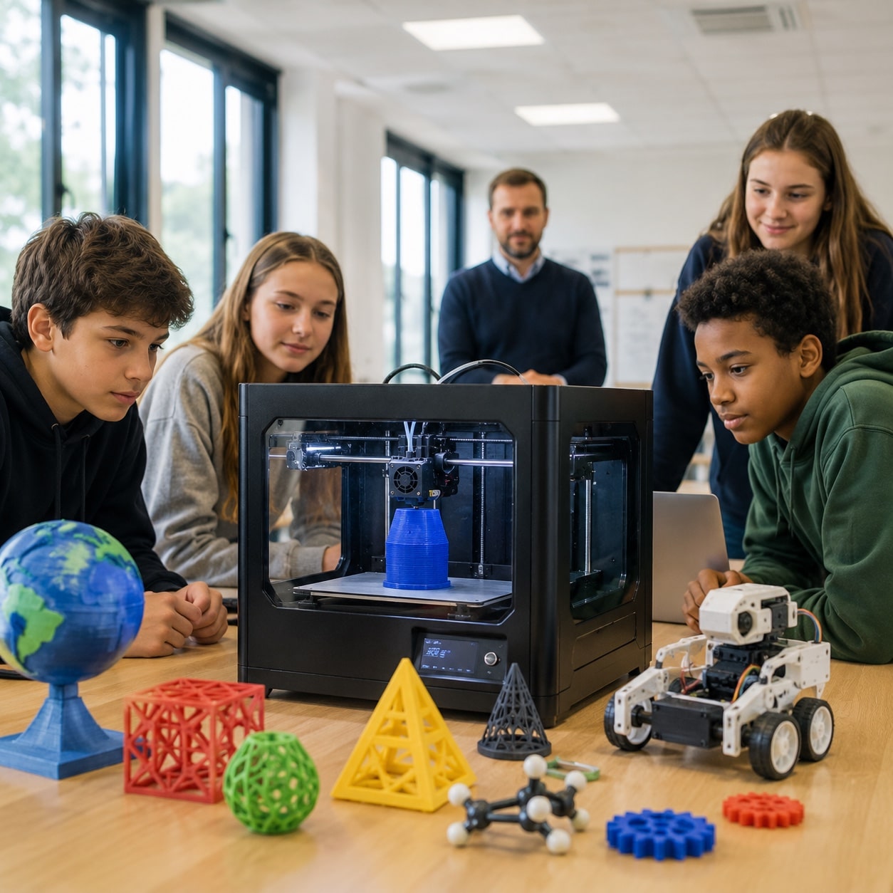 Impresora 3D en un aula con modelos educativos impresos