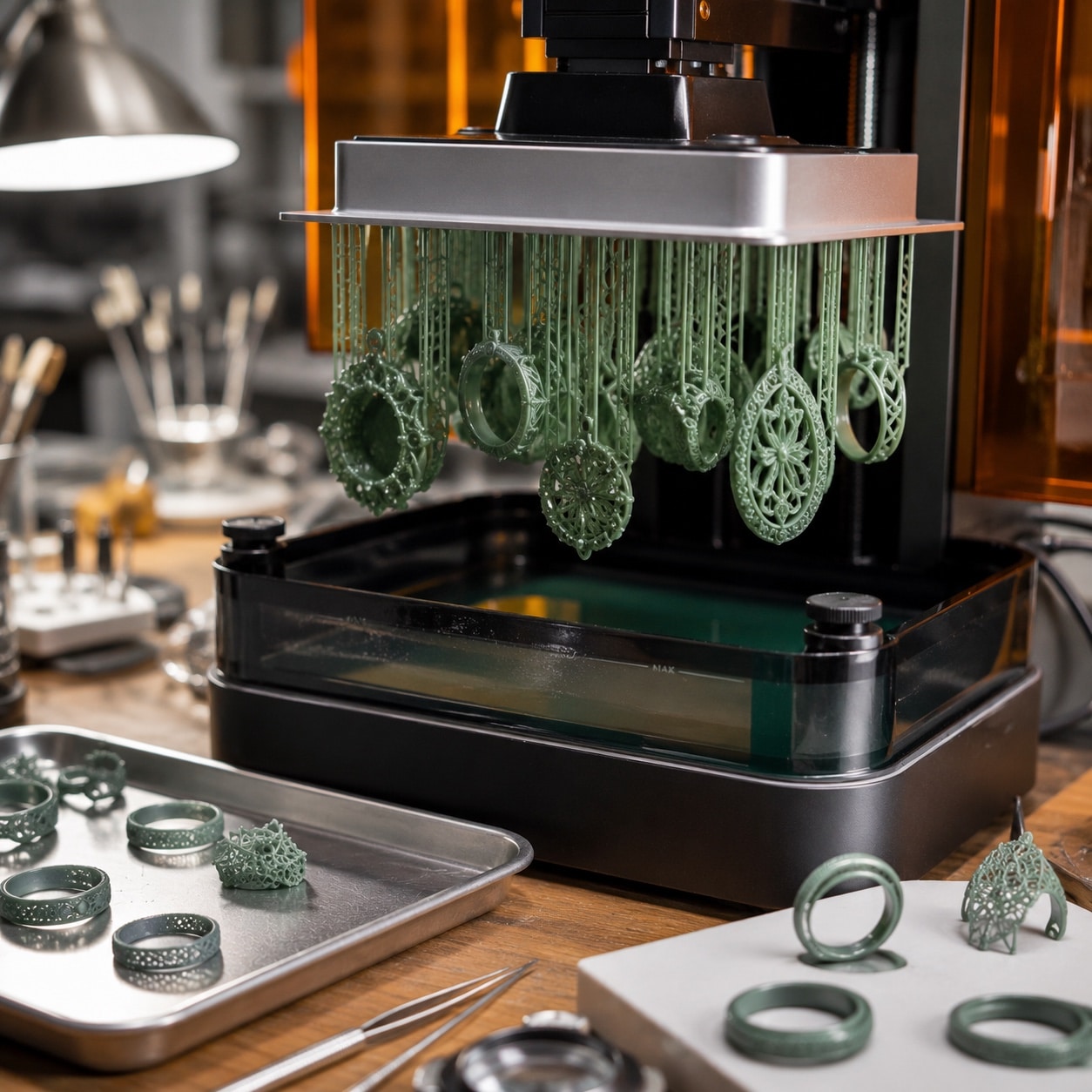 Impresora 3D de resina fabricando patrones detallados para joyería