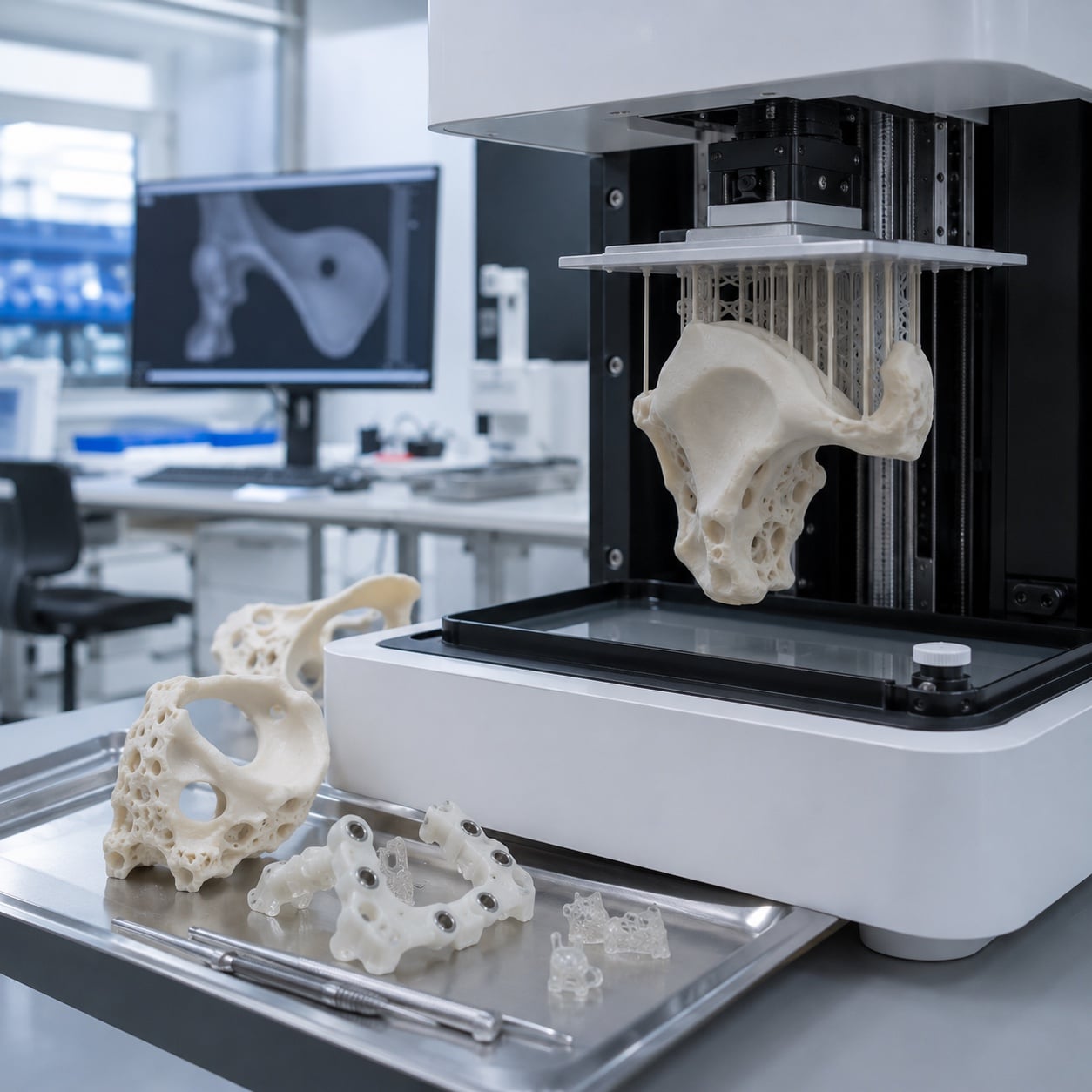 Impresora 3D médica fabricando un modelo anatómico para planificación clínica