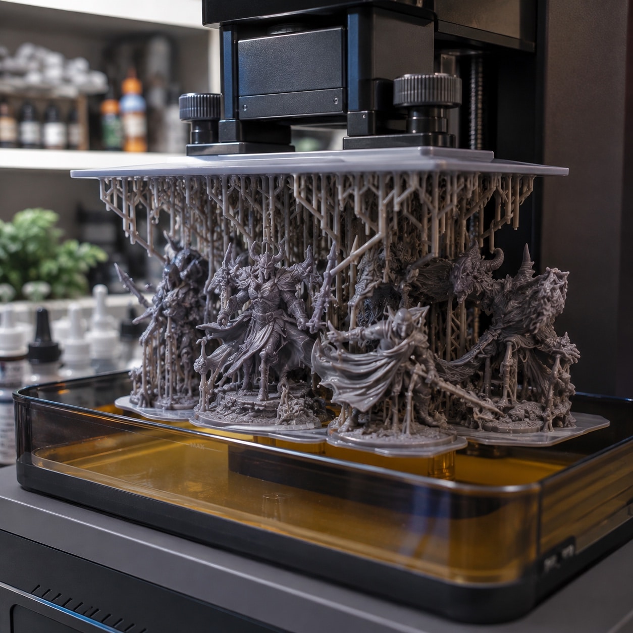 Impresora 3D de resina fabricando miniaturas y figuras detalladas