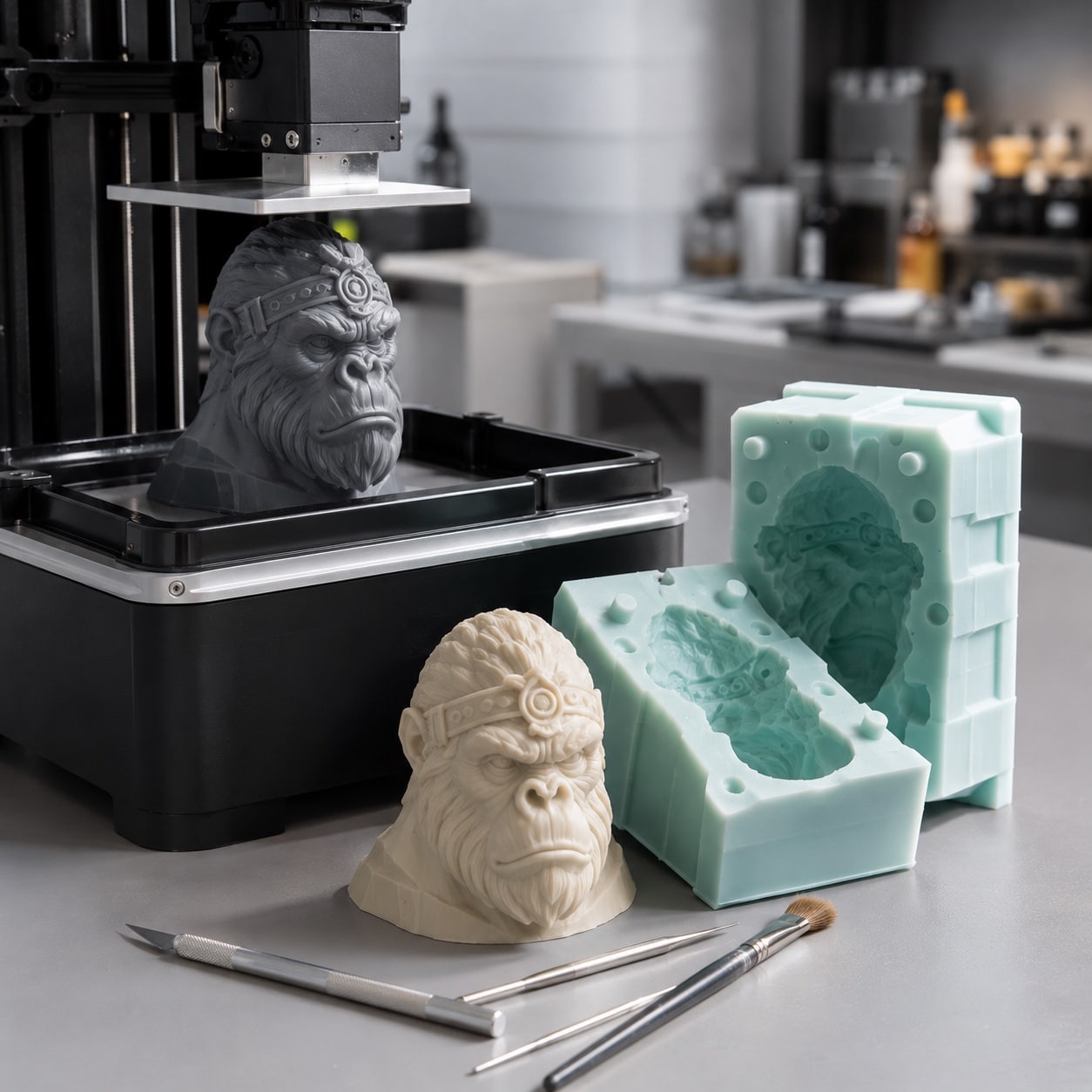 Impresora 3D fabricando un patrón maestro junto a un molde de silicona