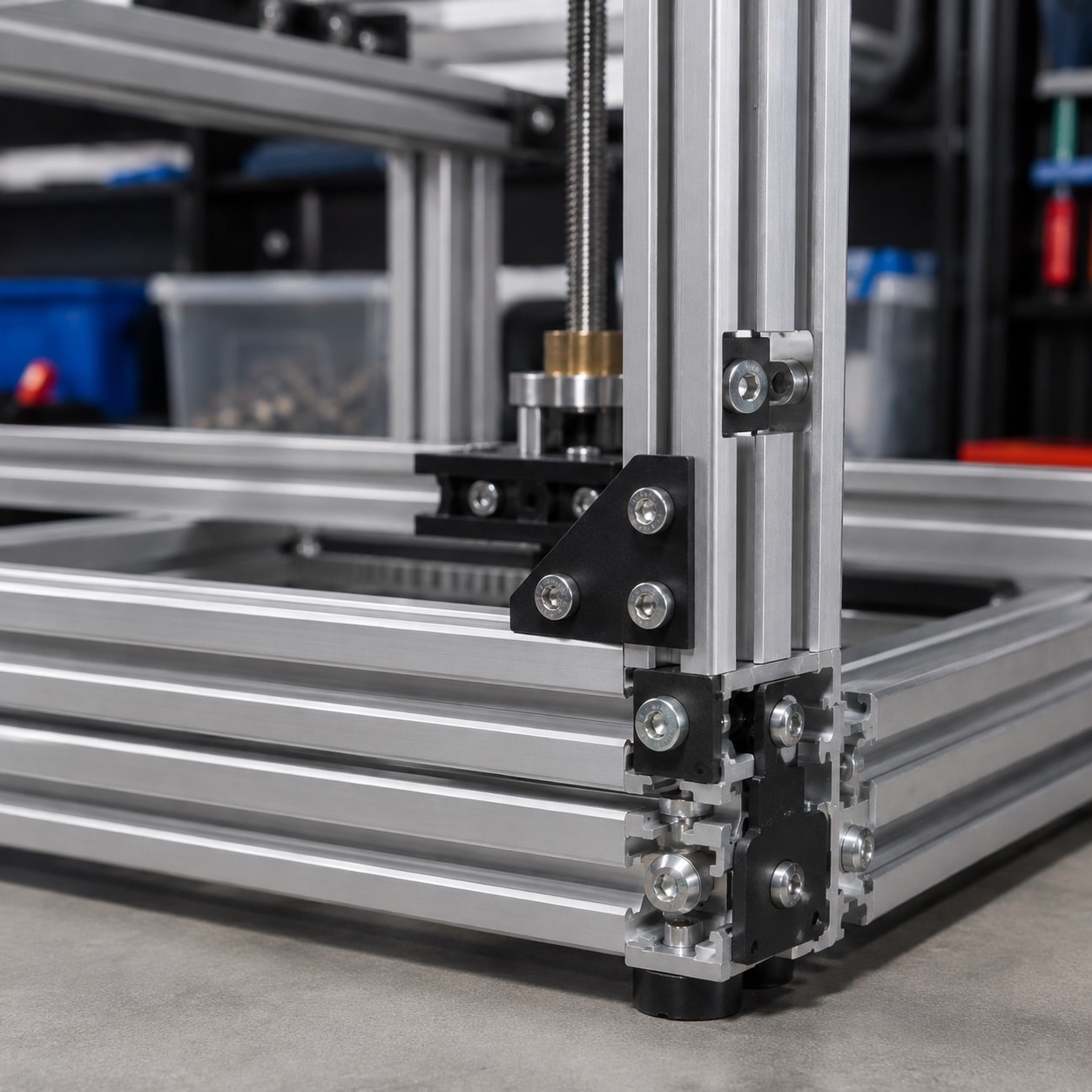 Perfiles de aluminio ranurado formando la estructura de una impresora 3D