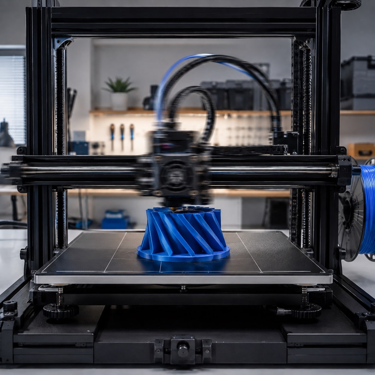 Impresora 3D rápida con cabezal en movimiento durante una impresión de alta velocidad