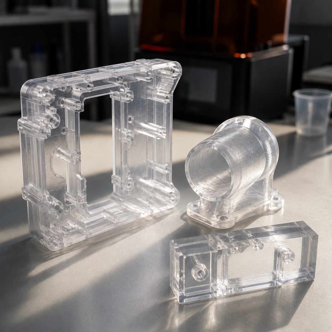Piezas transparentes impresas en resina con distintos acabados superficiales