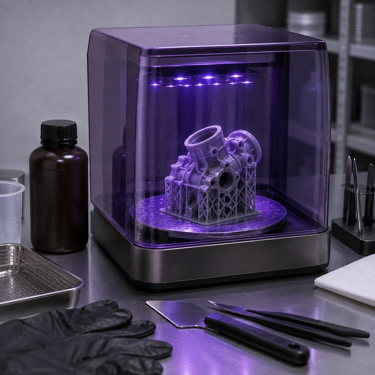 Pieza de resina para impresión 3D durante el poscurado con luz UV