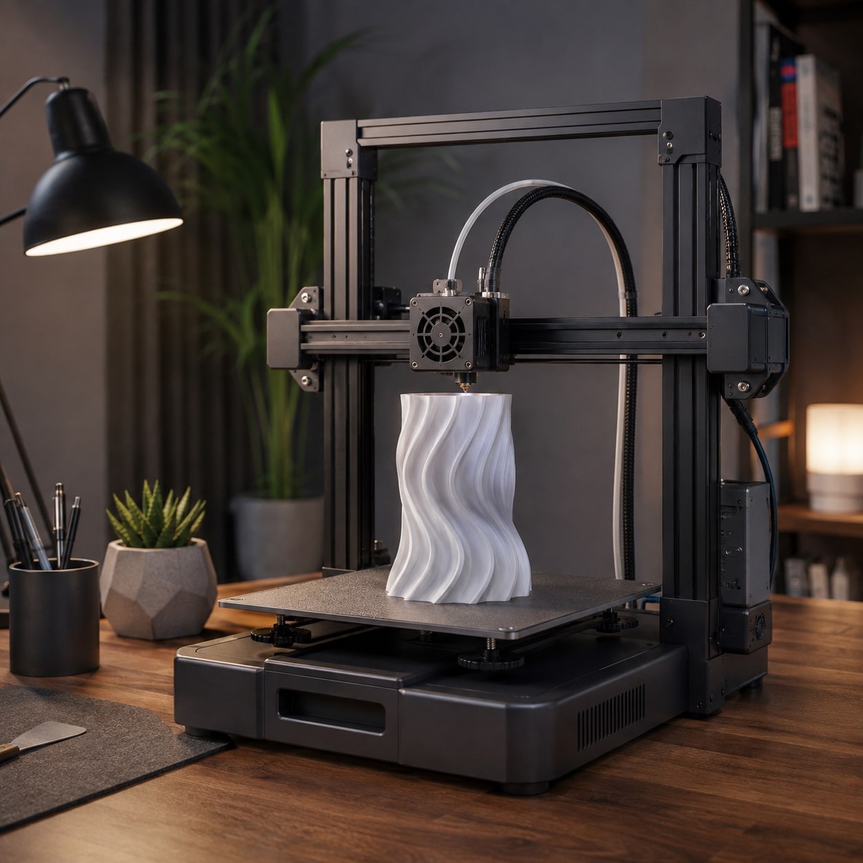Impresora 3D silenciosa instalada sobre una base estable en un espacio de trabajo tranquilo