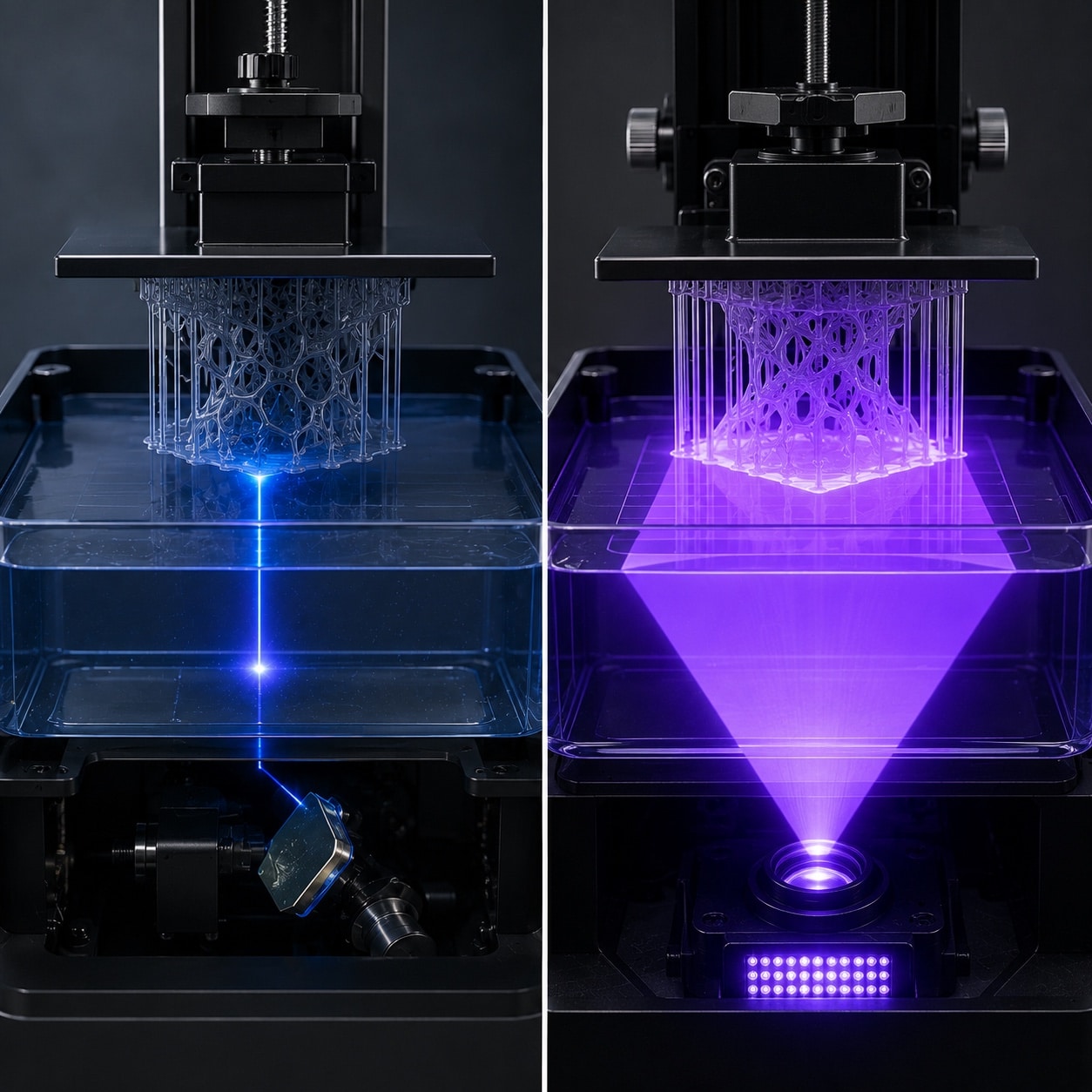 Comparación visual del funcionamiento de impresión 3D SLA y DLP