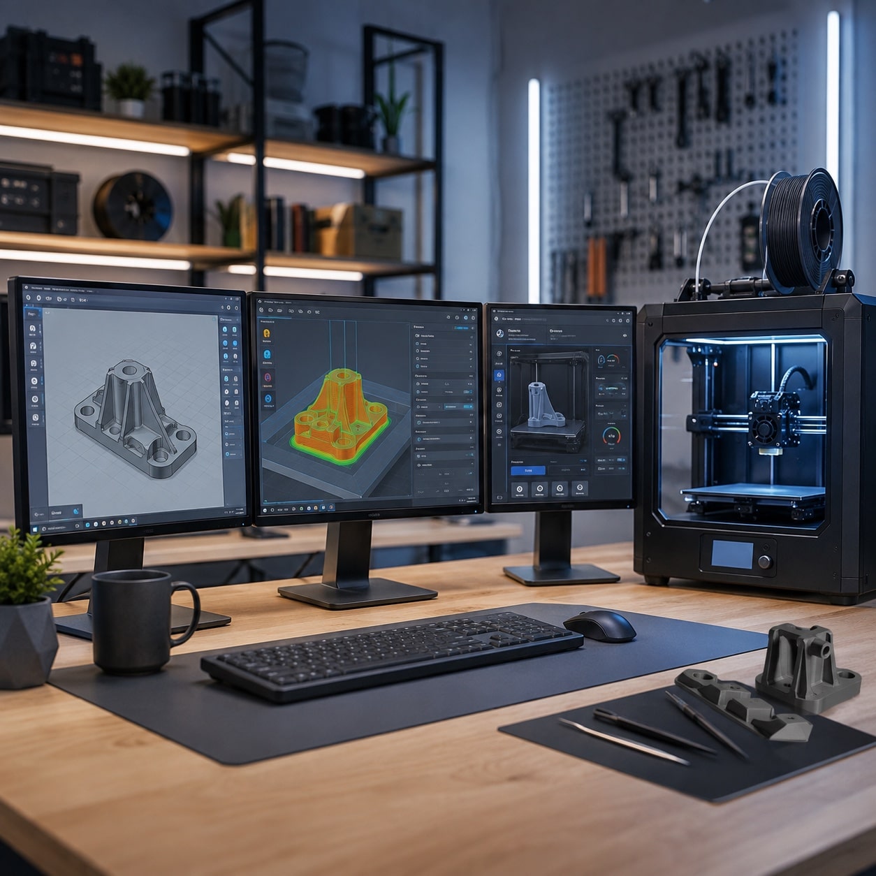 Accesorios y componentes CNC organizados sobre un banco de taller