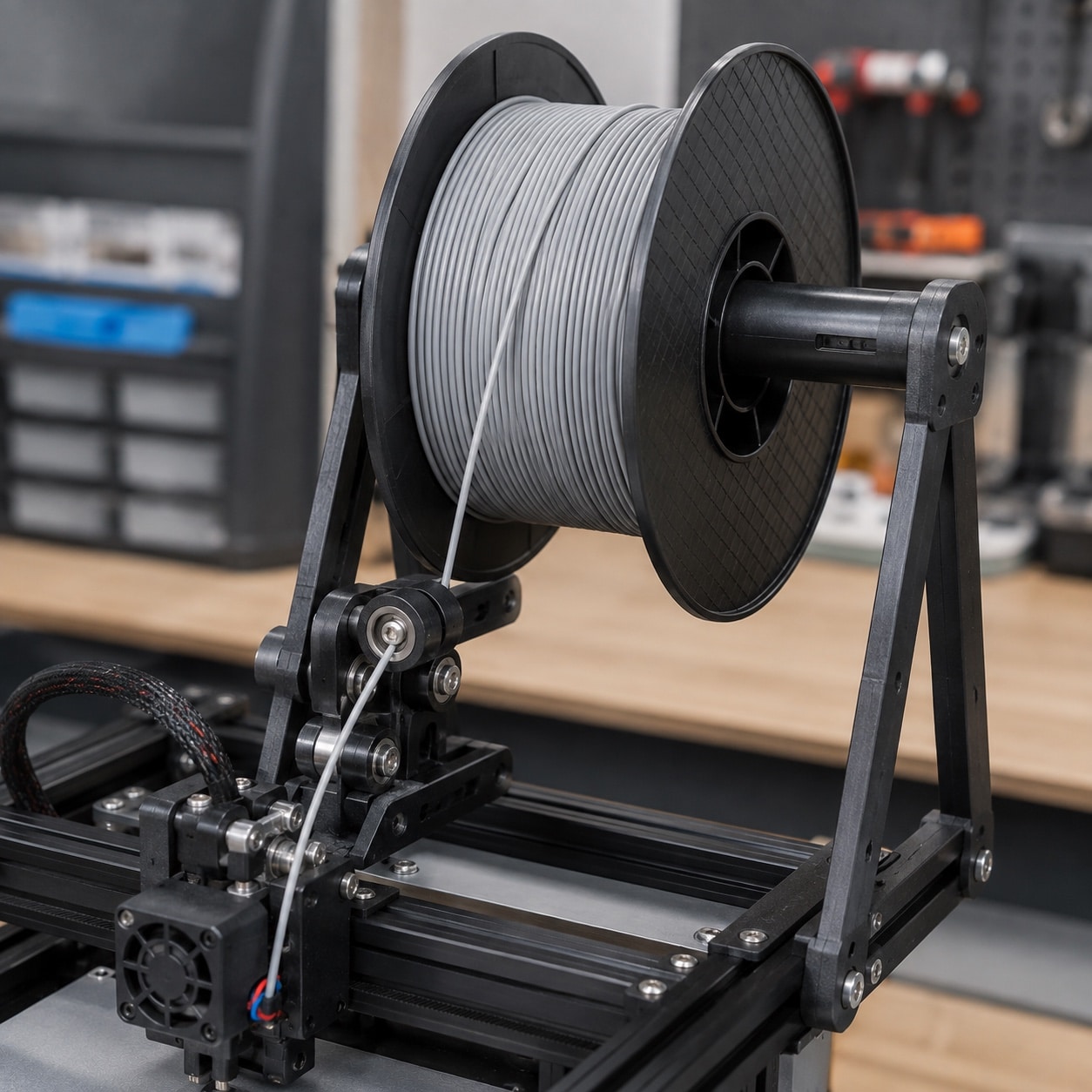 Soporte de bobina con filamento alimentando una impresora 3D