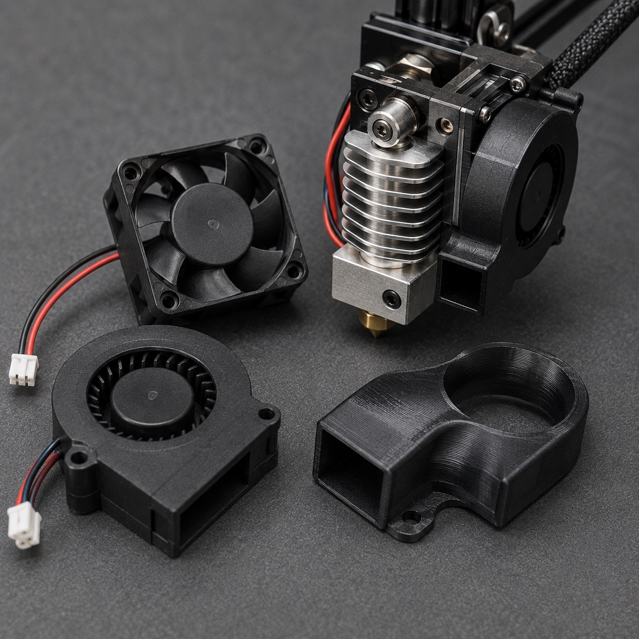 Ventiladores axial y radial utilizados en una impresora 3D
