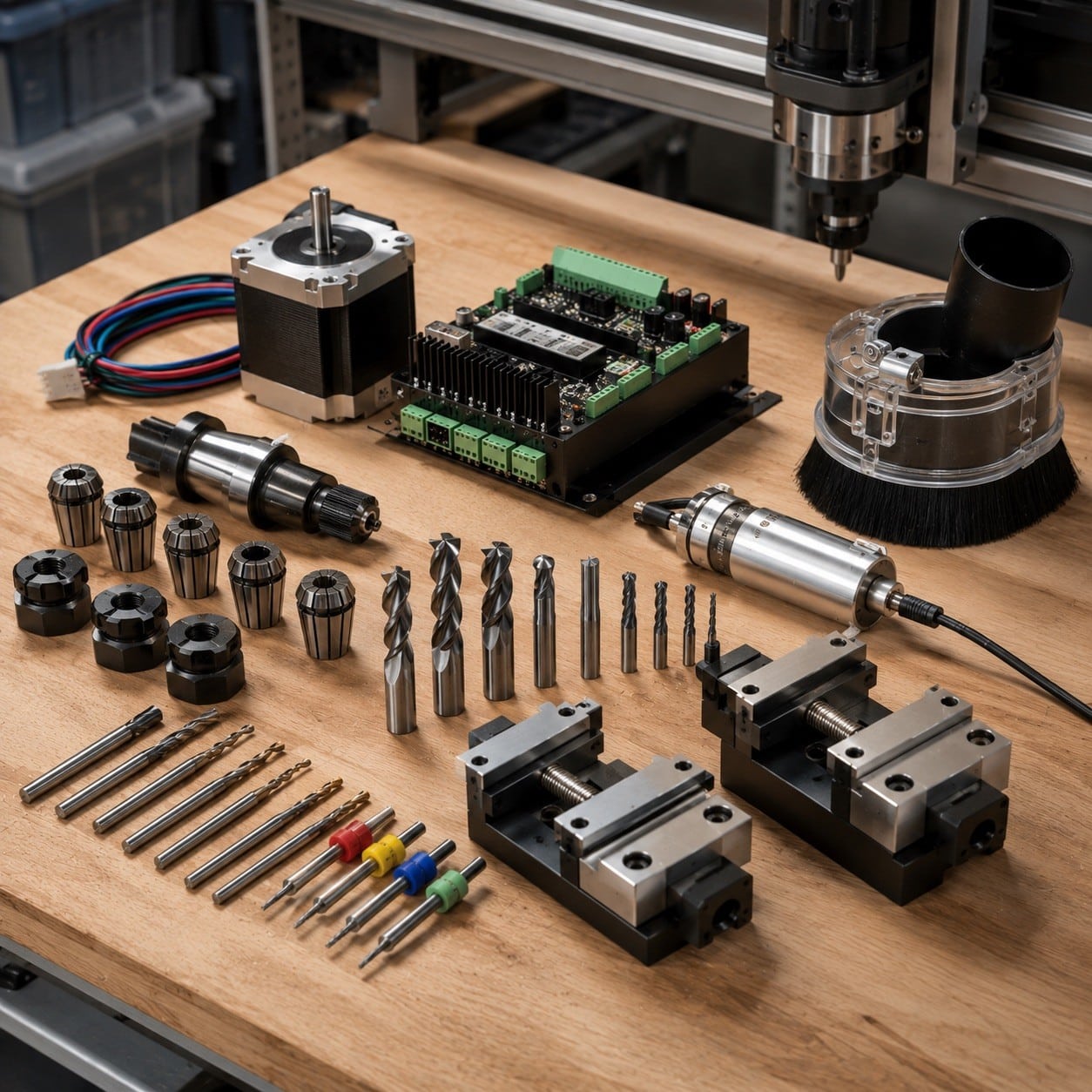 Accesorios y componentes CNC organizados sobre un banco de taller