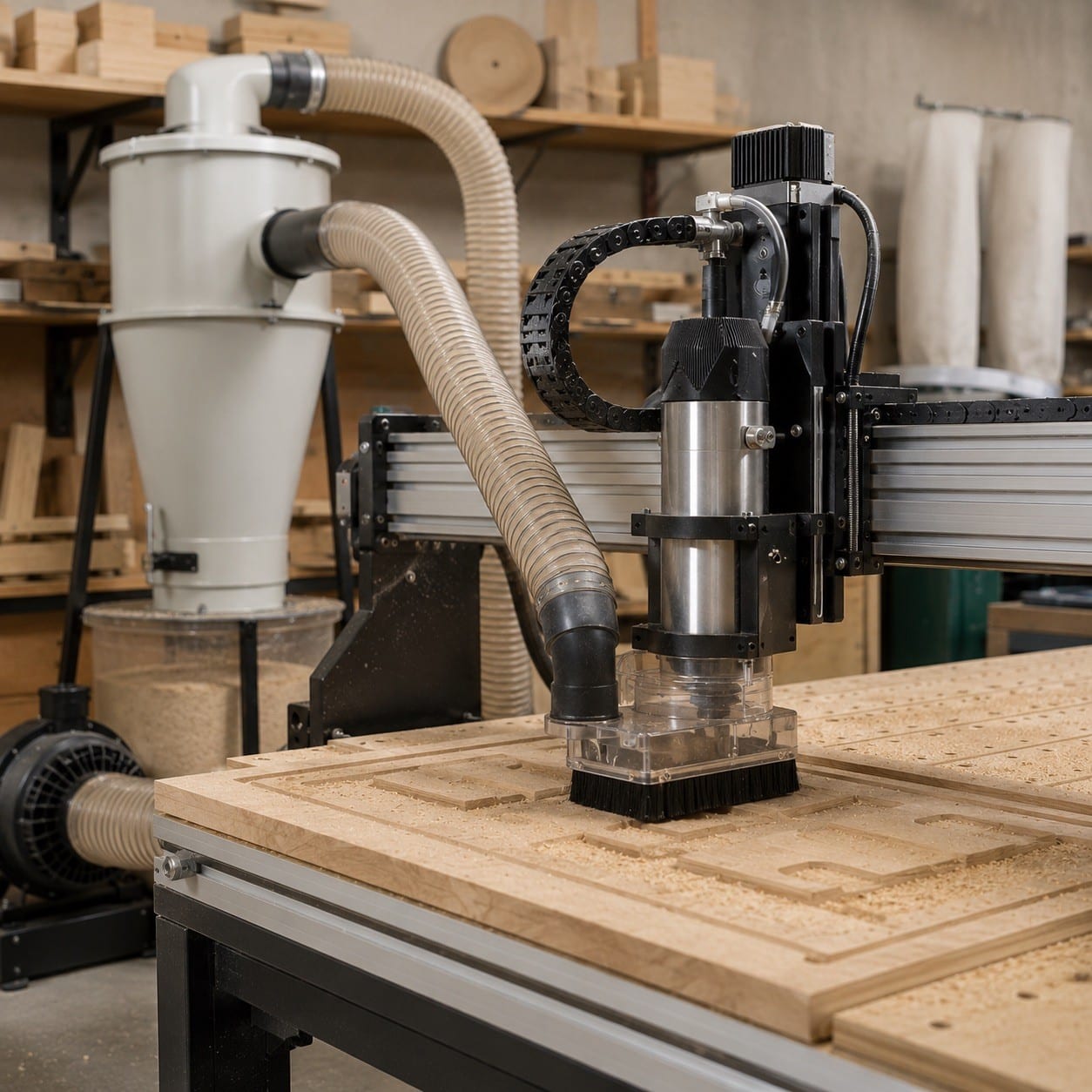 Sistema de aspiración en una máquina CNC con zapata y manguera para polvo