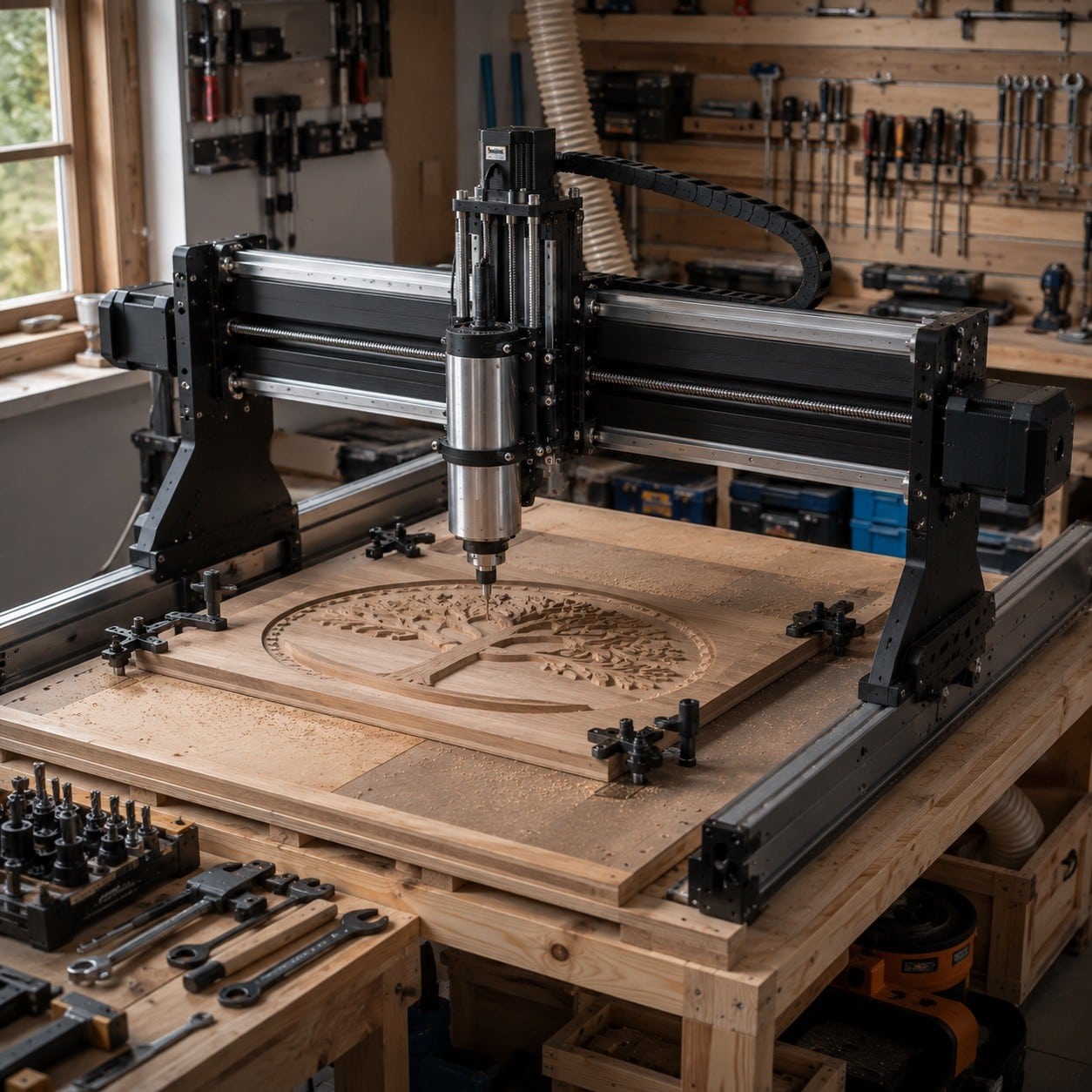 Router CNC de taller mecanizando un panel de madera sobre una mesa de sacrificio