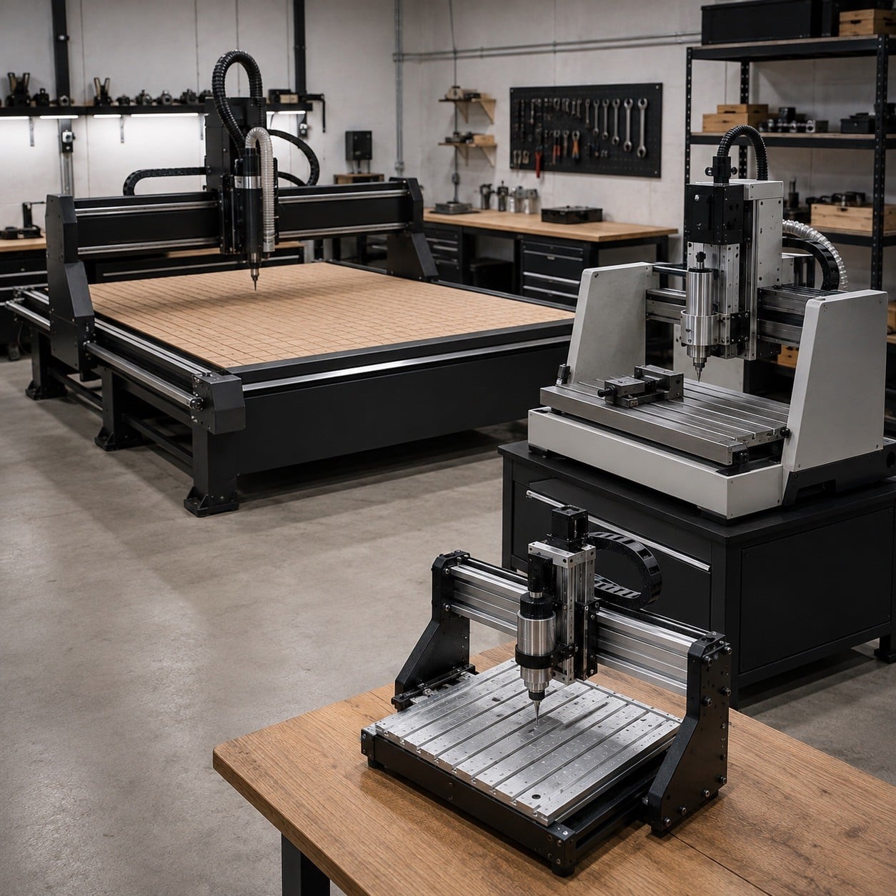 Comparación visual entre router CNC, fresadora CNC y máquina CNC de sobremesa