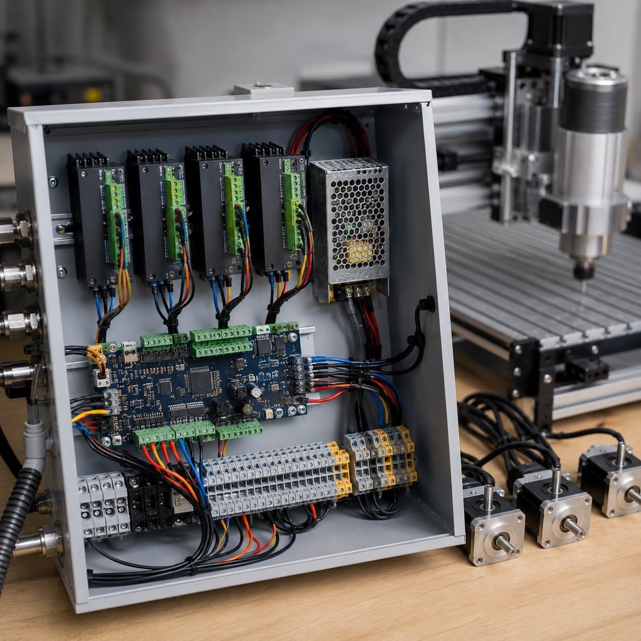 Controlador CNC con drivers y cableado para motores, sensores y husillo
