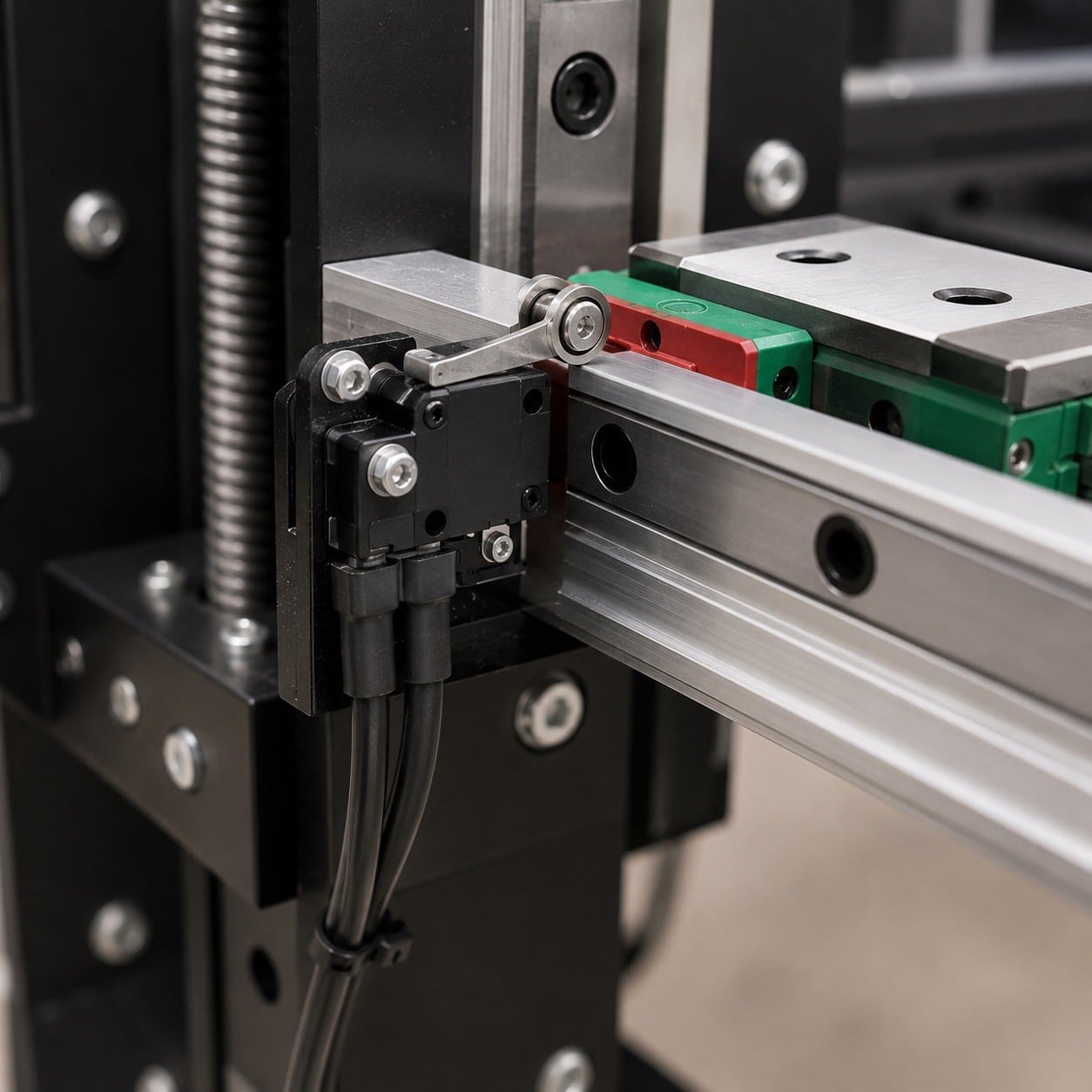 Final de carrera instalado en un eje de una máquina CNC para homing y límites