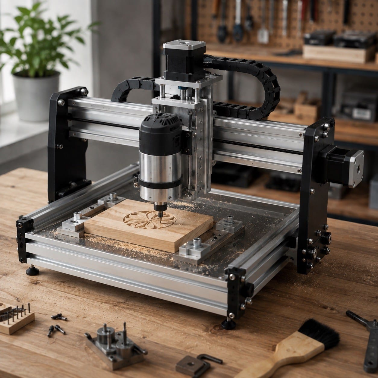 Máquina CNC compacta de sobremesa mecanizando madera