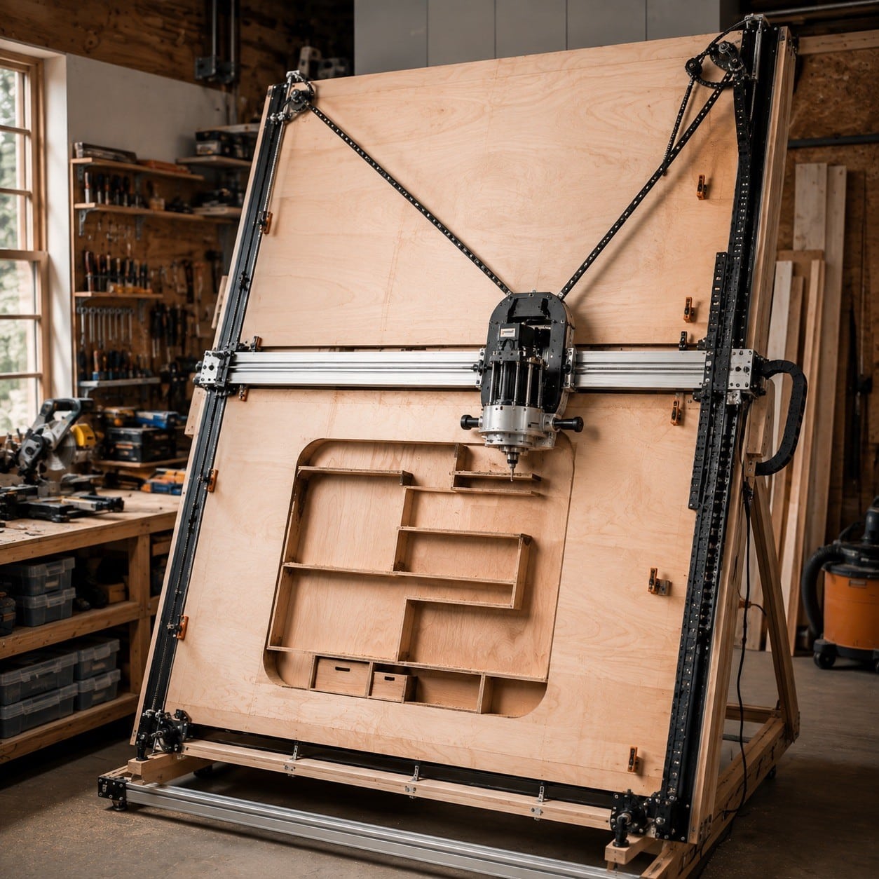 CNC vertical de gran formato mecanizando un tablero de contrachapado