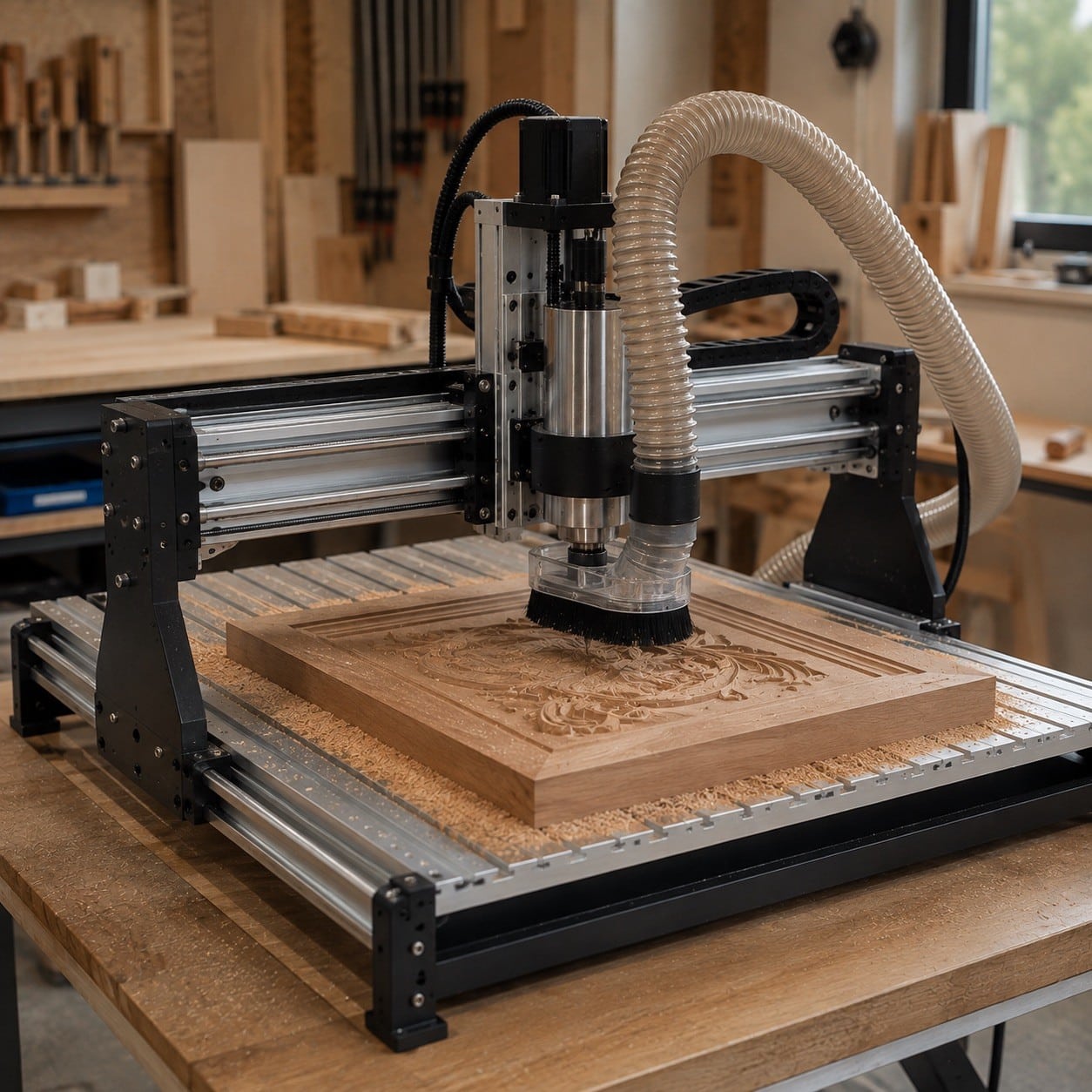 Router CNC para madera mecanizando una pieza de madera en un taller