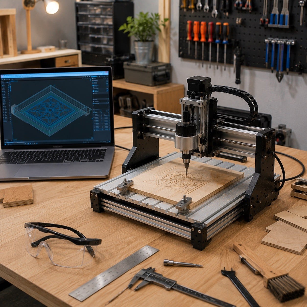 CNC de sobremesa para principiantes realizando un grabado en madera