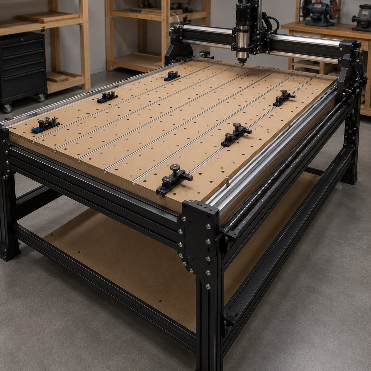 Mesa CNC con spoilboard y sistema de ranuras para sujeción de piezas
