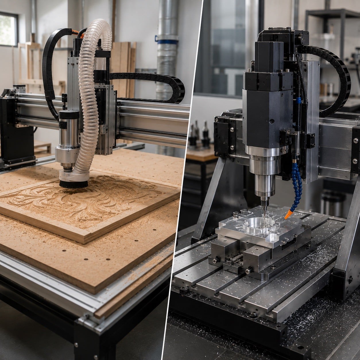 Comparación visual entre un router CNC para madera y una fresadora CNC para metal