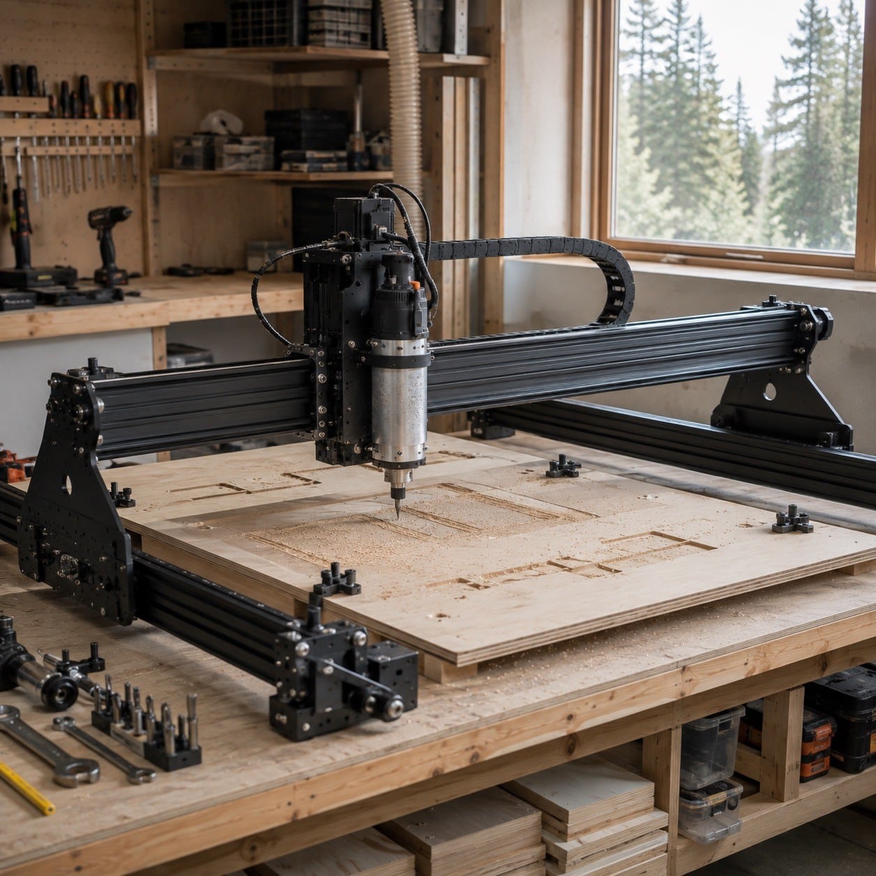 Router CNC de sobremesa de gran formato mecanizando una pieza de contrachapado