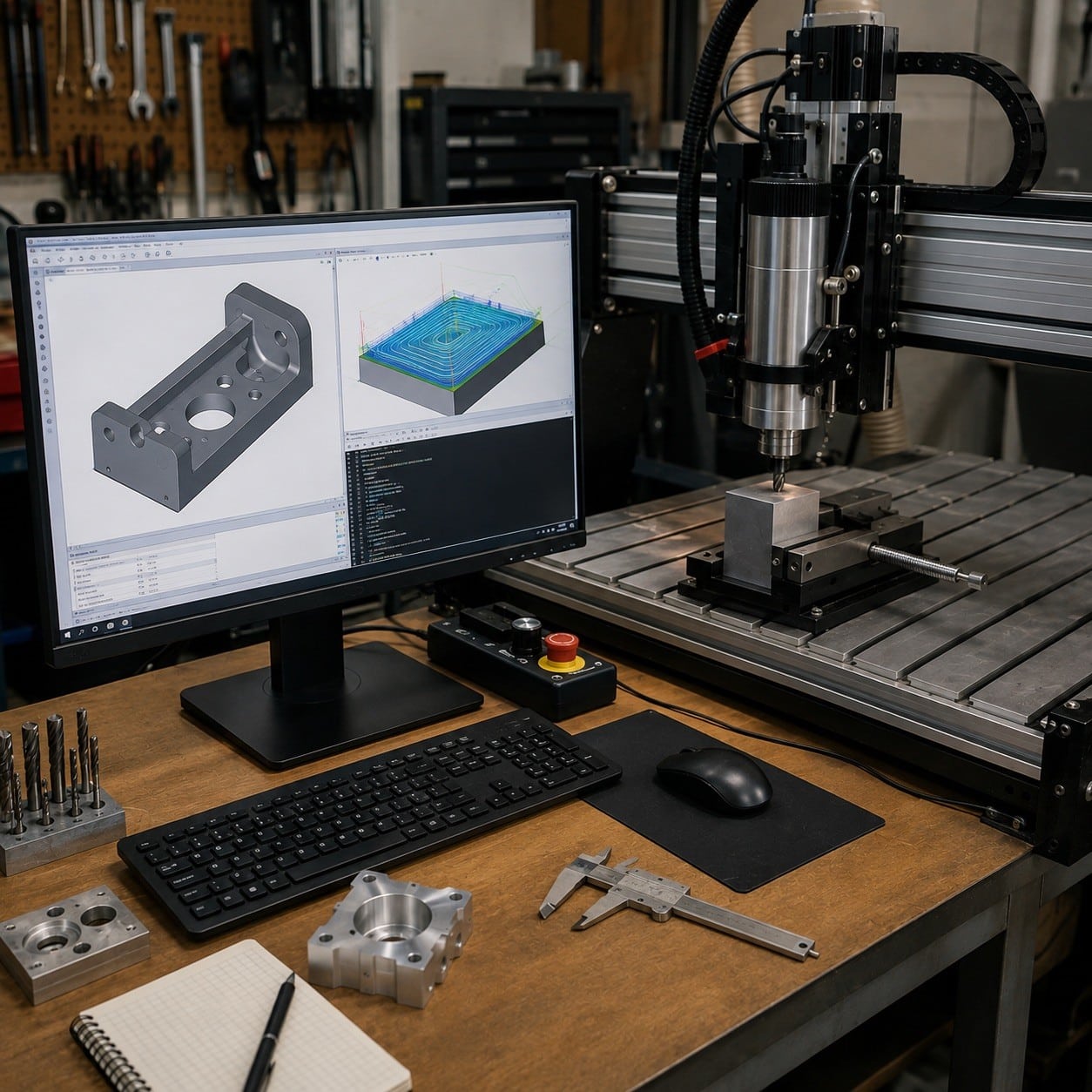 Flujo de software CNC con diseño CAD, trayectorias CAM y control de máquina