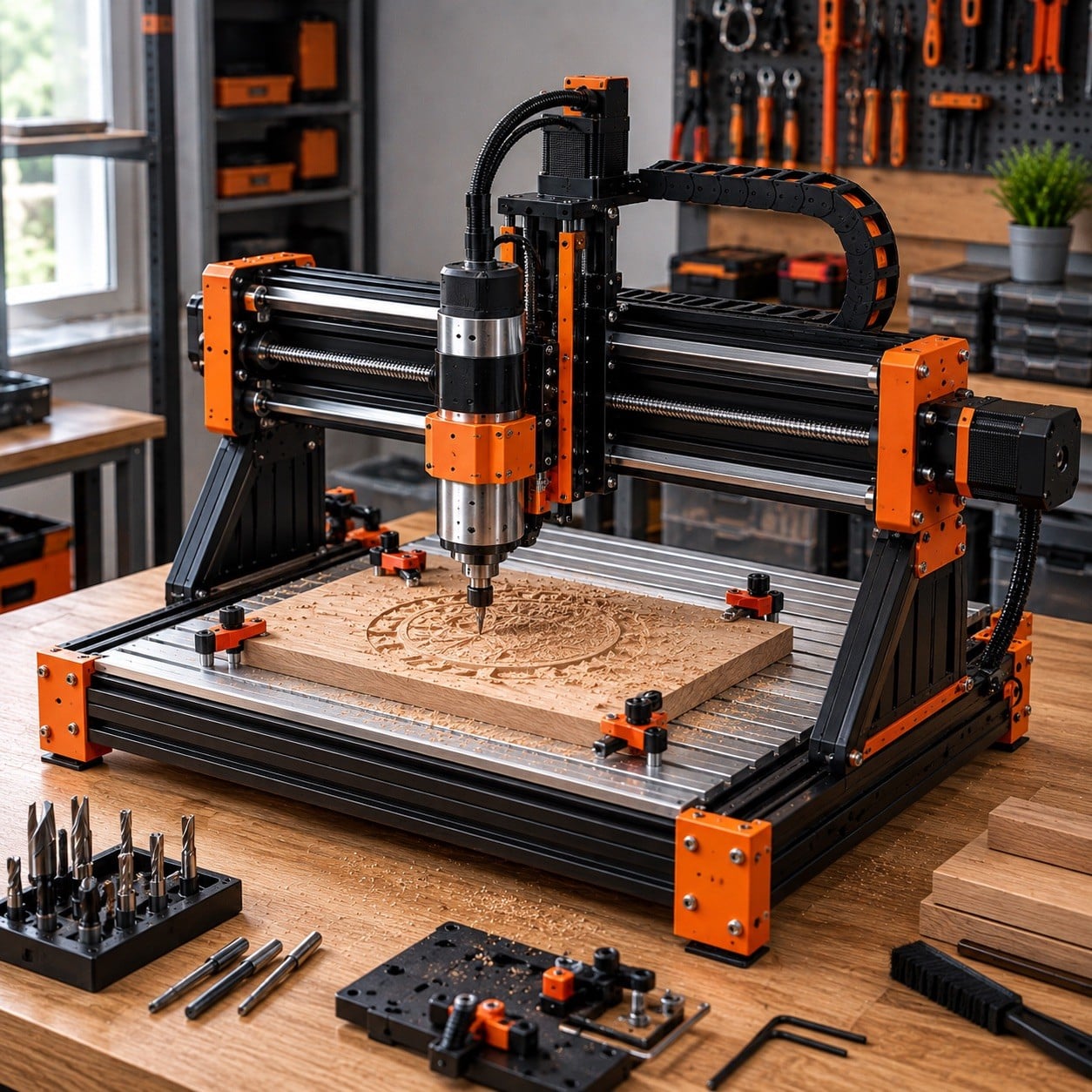 Router CNC compacta de sobremesa de estilo industrial mecanizando una pieza de madera