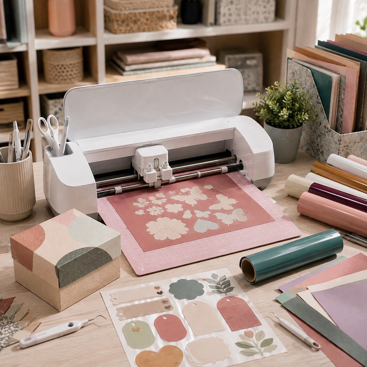 Plotter de corte compacto con materiales para manualidades