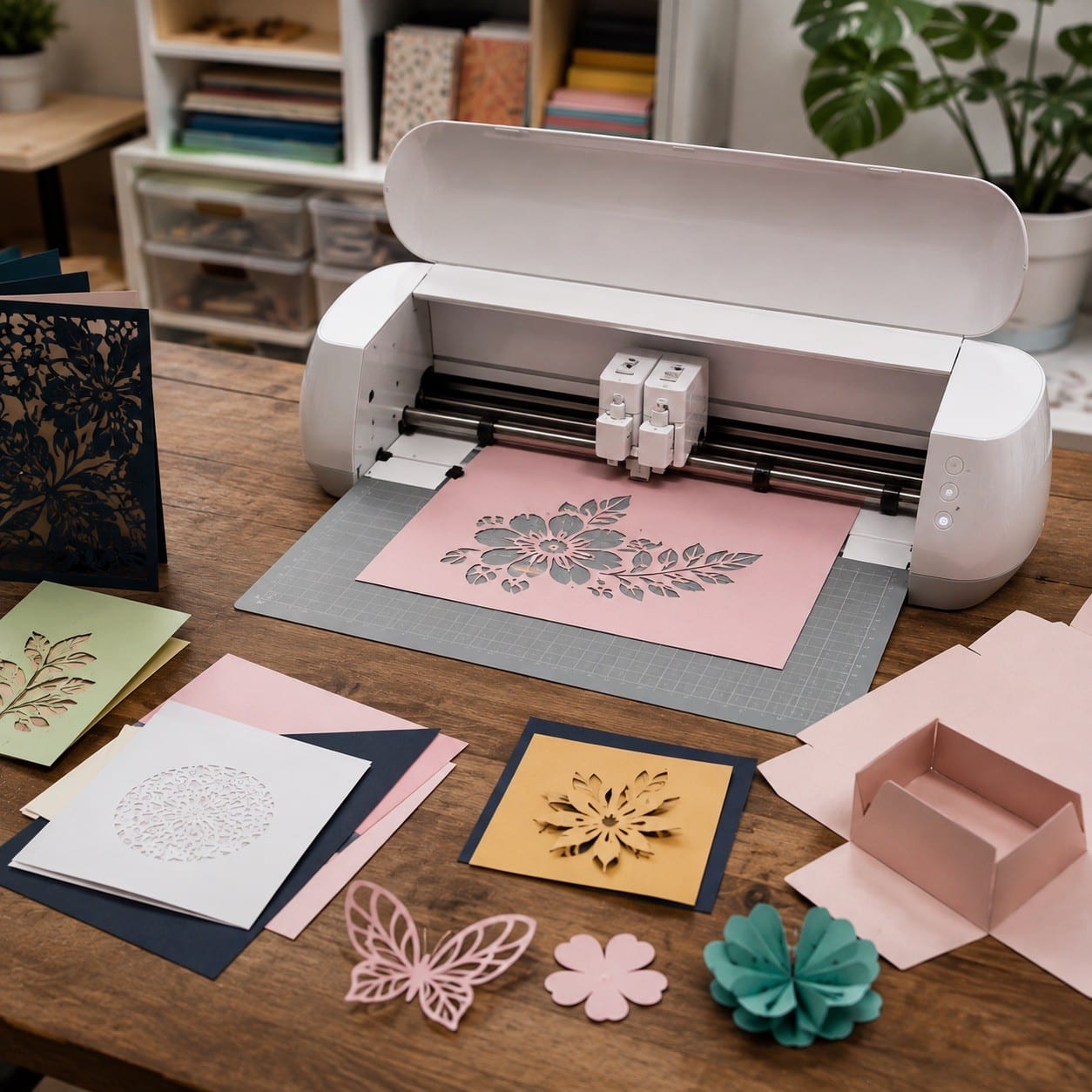 Plotter de corte recortando papel y cartulina sobre un tapete