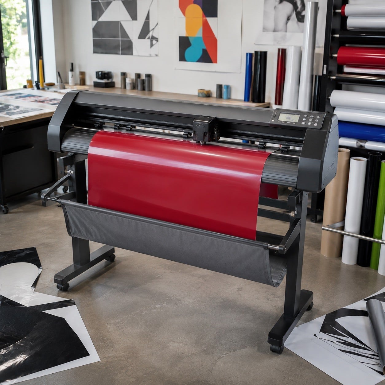 Plotter de corte profesional trabajando con un rollo de vinilo