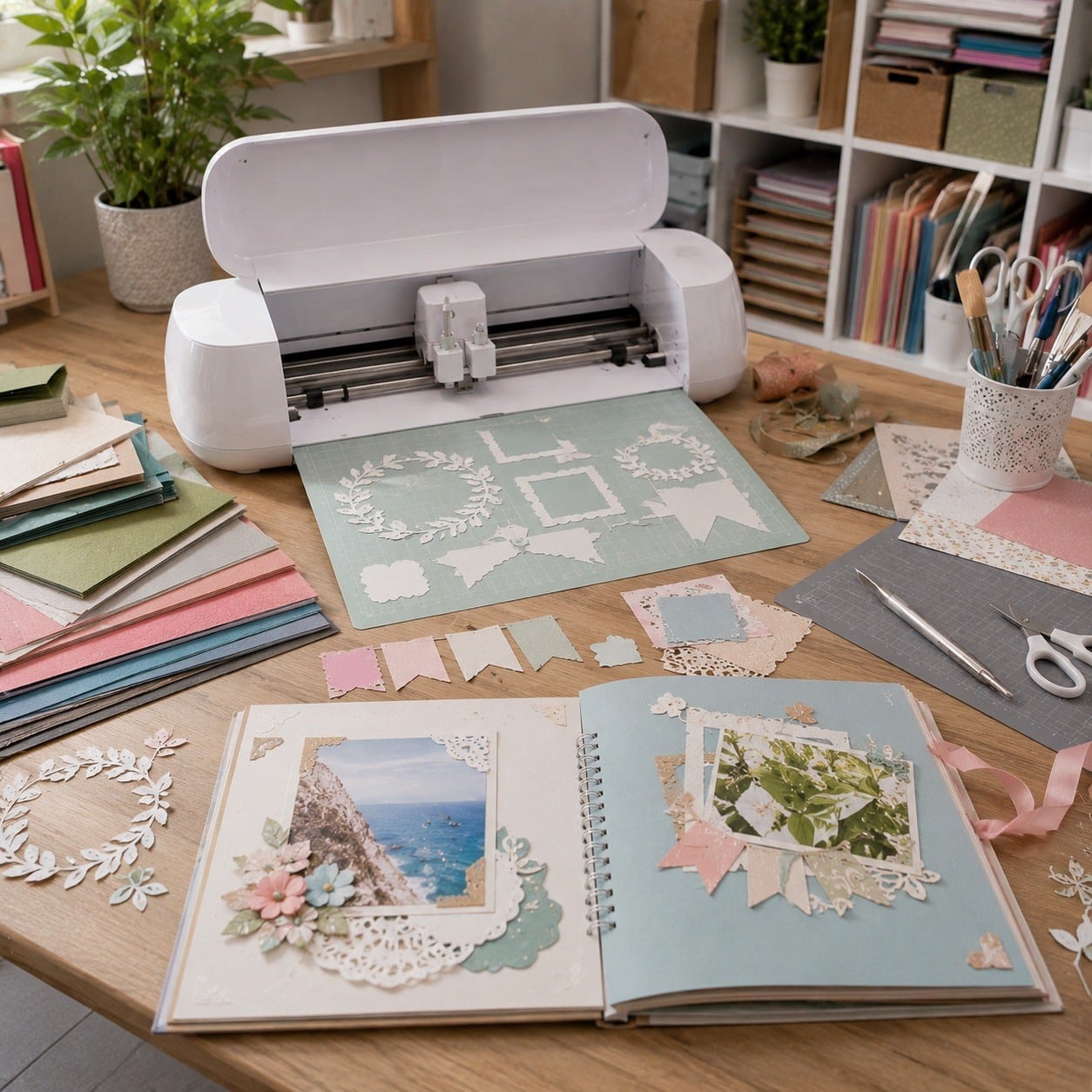 Plotter de corte junto a materiales y recortes de scrapbooking