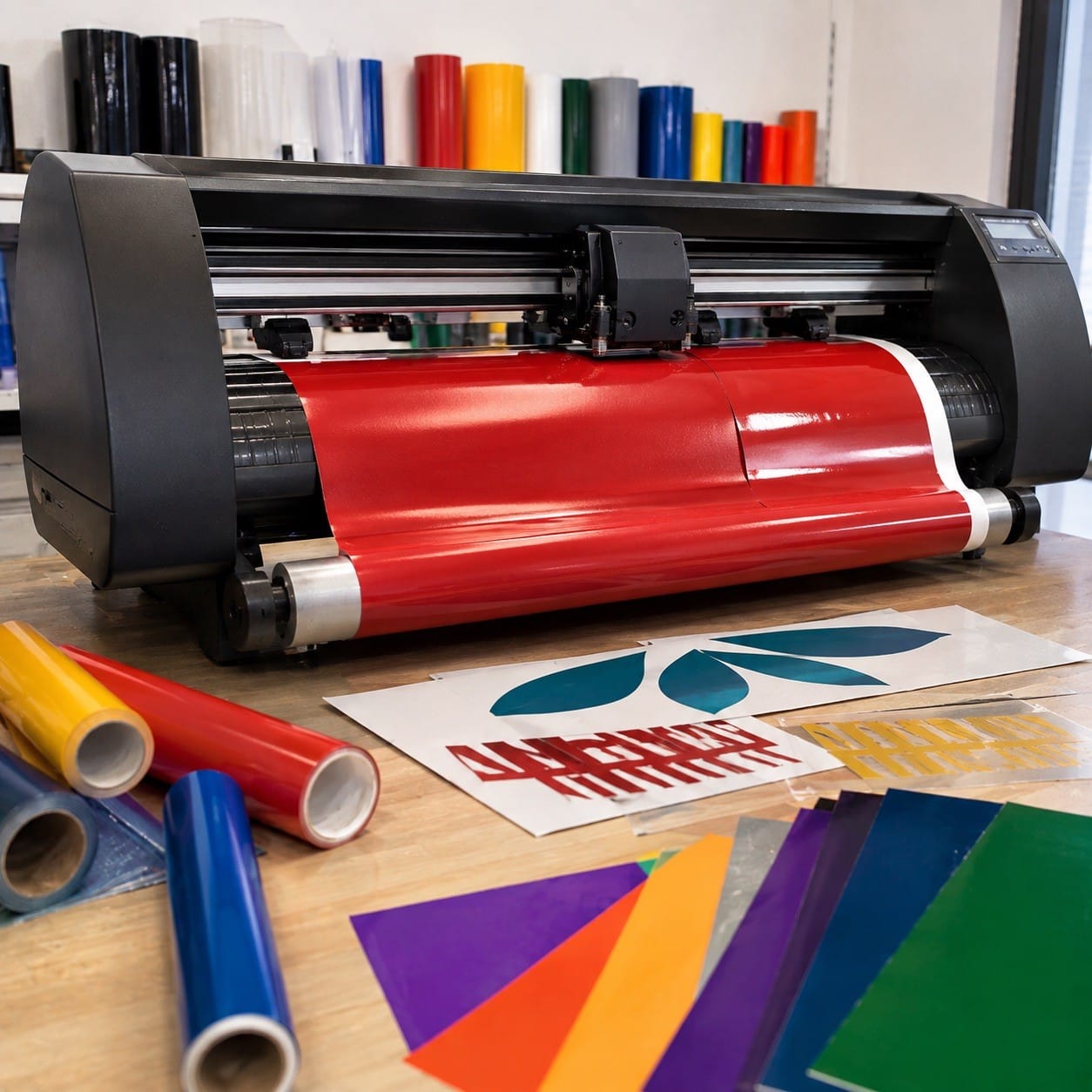 Plotter de corte trabajando con vinilo adhesivo en rollo