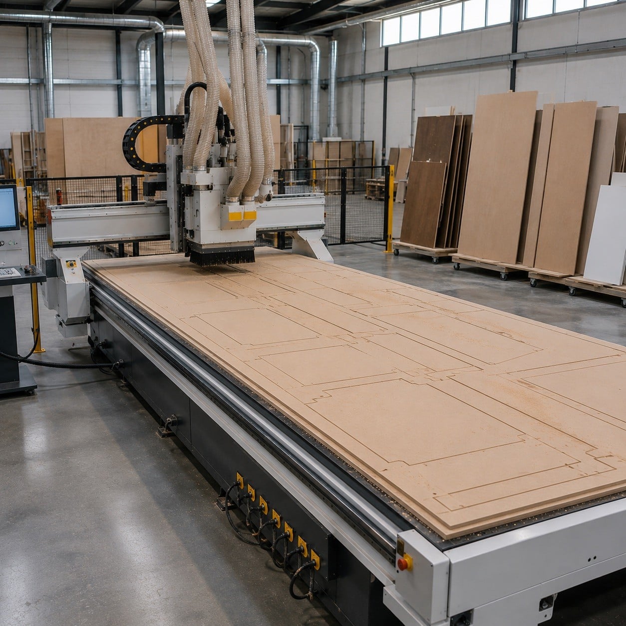 Router CNC de gran formato mecanizando un panel completo sobre mesa de vacío