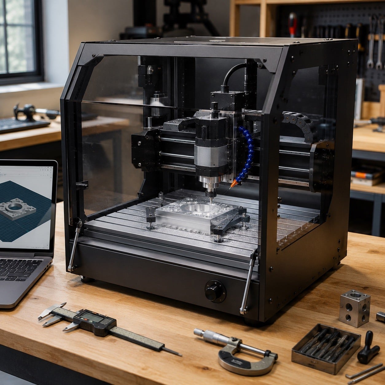 Router CNC de sobremesa compacto sobre un banco de trabajo mecanizando una pieza pequeña