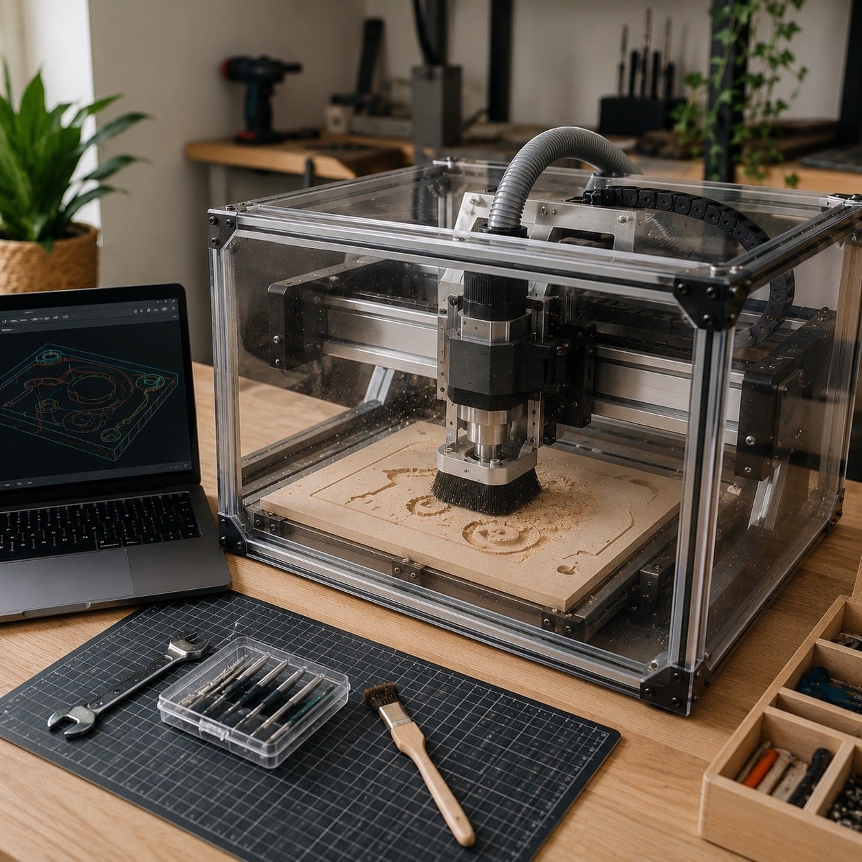 Router CNC hobby compacto mecanizando contrachapado en un pequeño taller maker