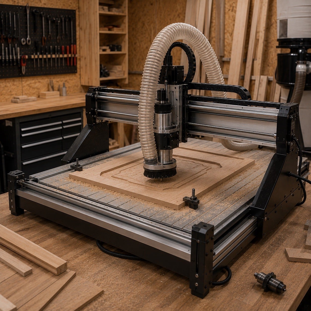 Router CNC moderno con aspiración para trabajos de madera y fabricación digital