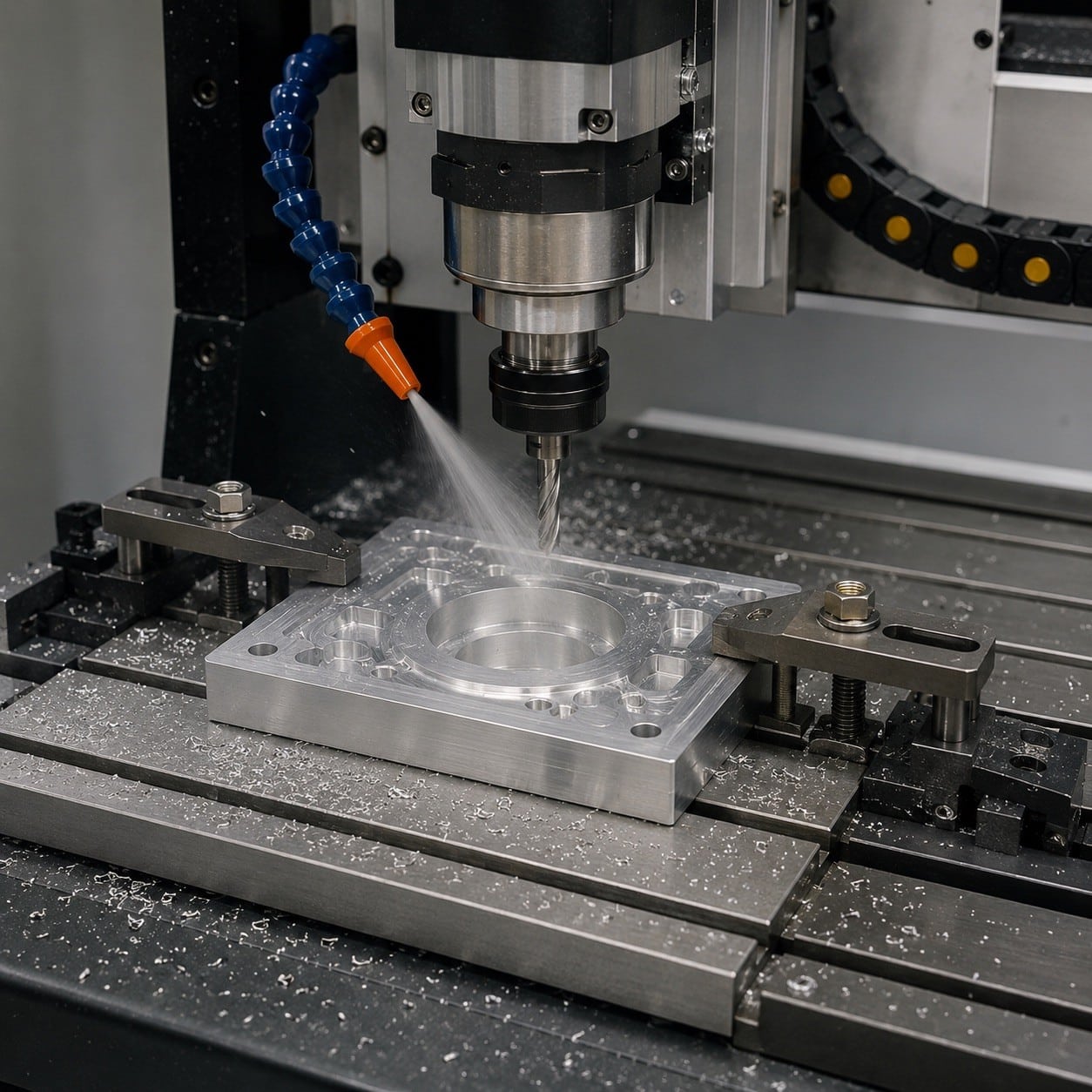 Router CNC rígido mecanizando una placa de aluminio sujeta con mordazas