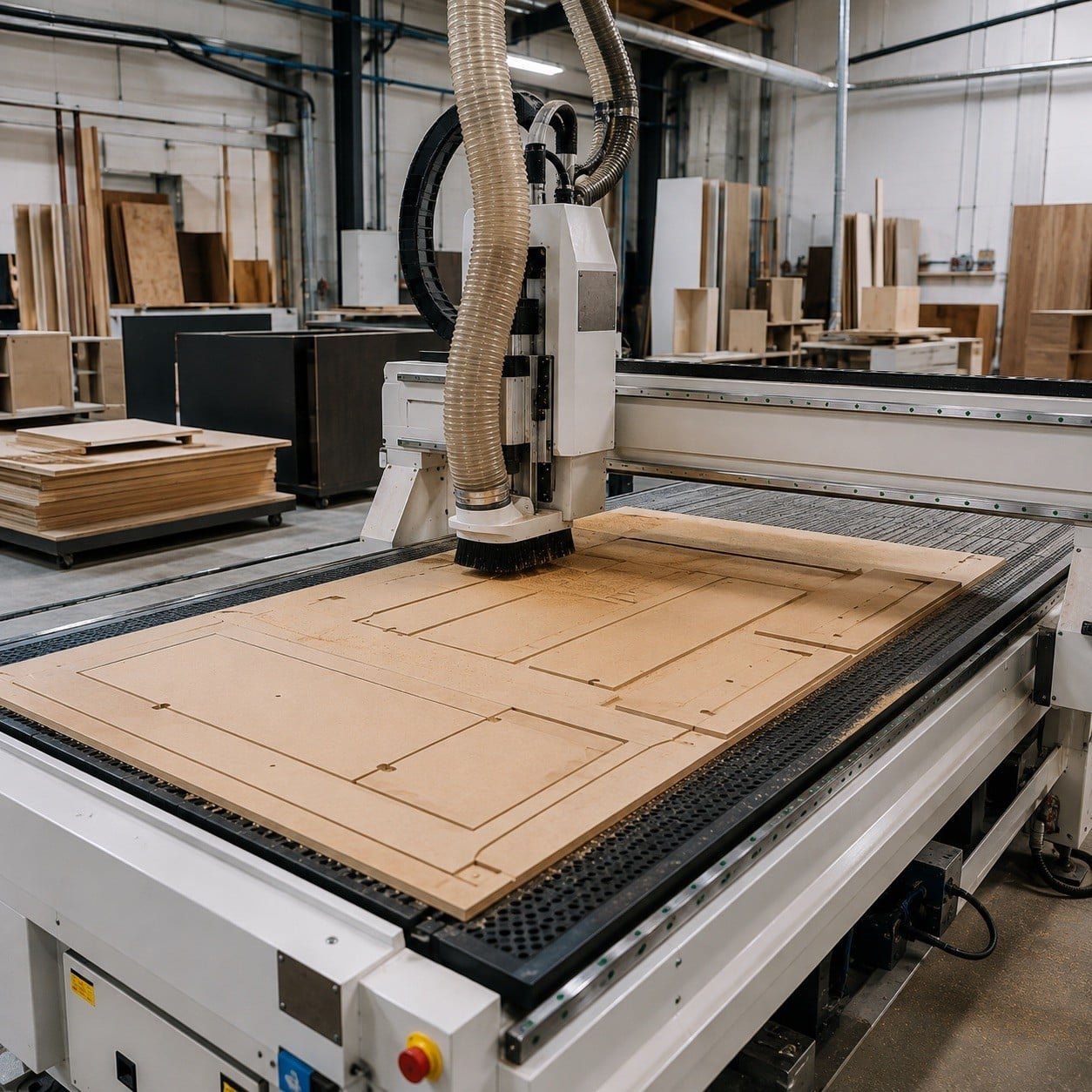 Router CNC de carpintería mecanizando un tablero con aspiración y mesa de vacío