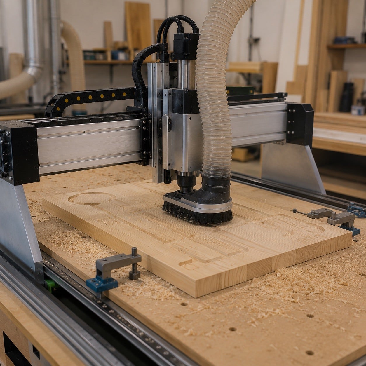 Router CNC mecanizando madera con aspiración en un taller de carpintería digital