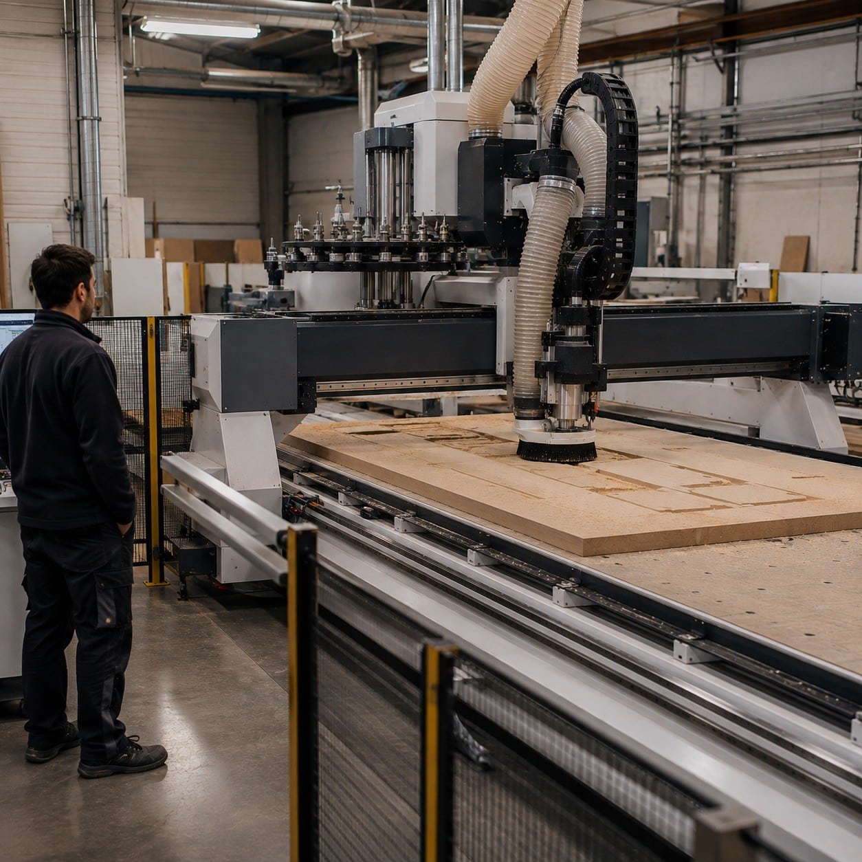Router CNC profesional con cambiador de herramienta y mesa de vacío en producción