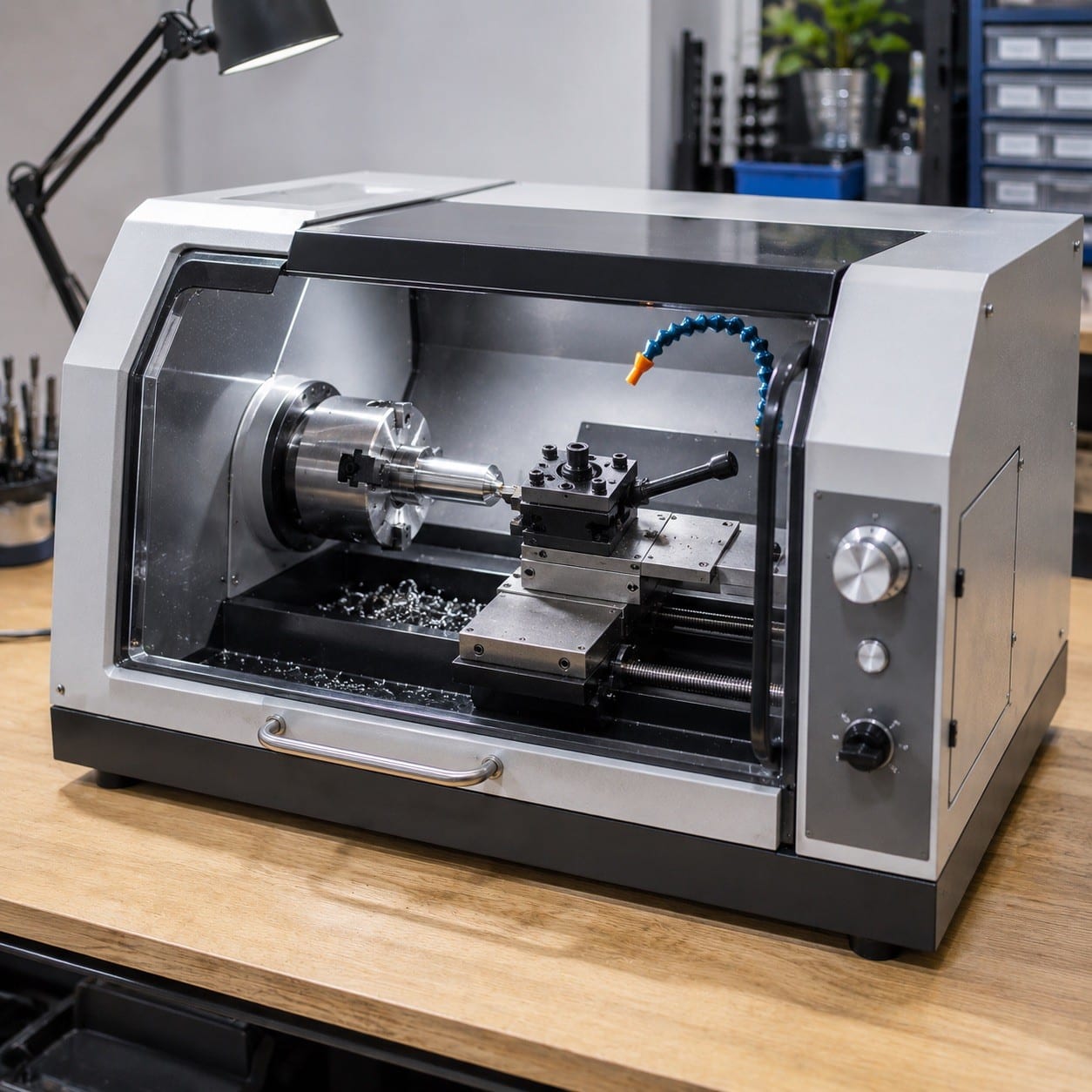 Torno CNC de sobremesa compacto sobre un banco de trabajo