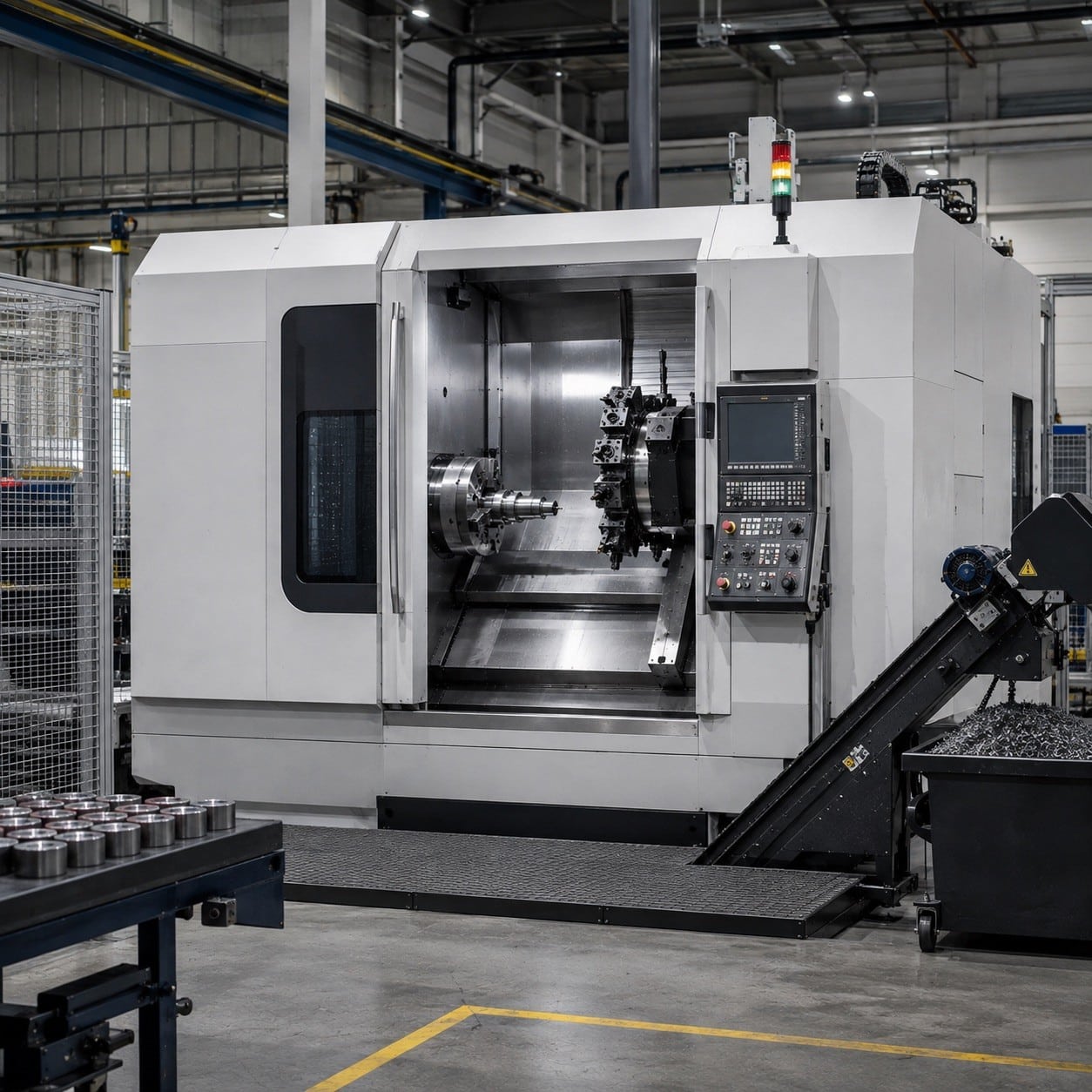 Torno CNC industrial integrado en una célula de producción