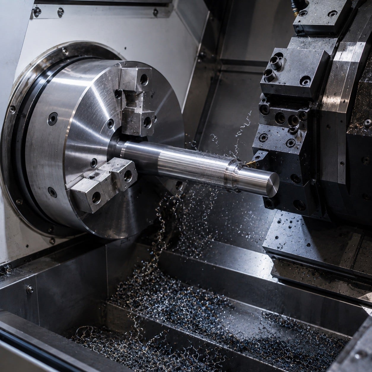 Torno CNC para metal mecanizando una barra cilíndrica