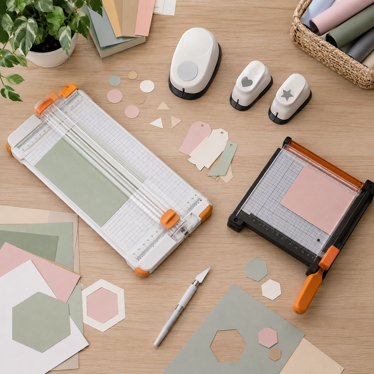 Herramientas de corte y perforación inspiradas en Fiskars sobre una mesa de papercraft