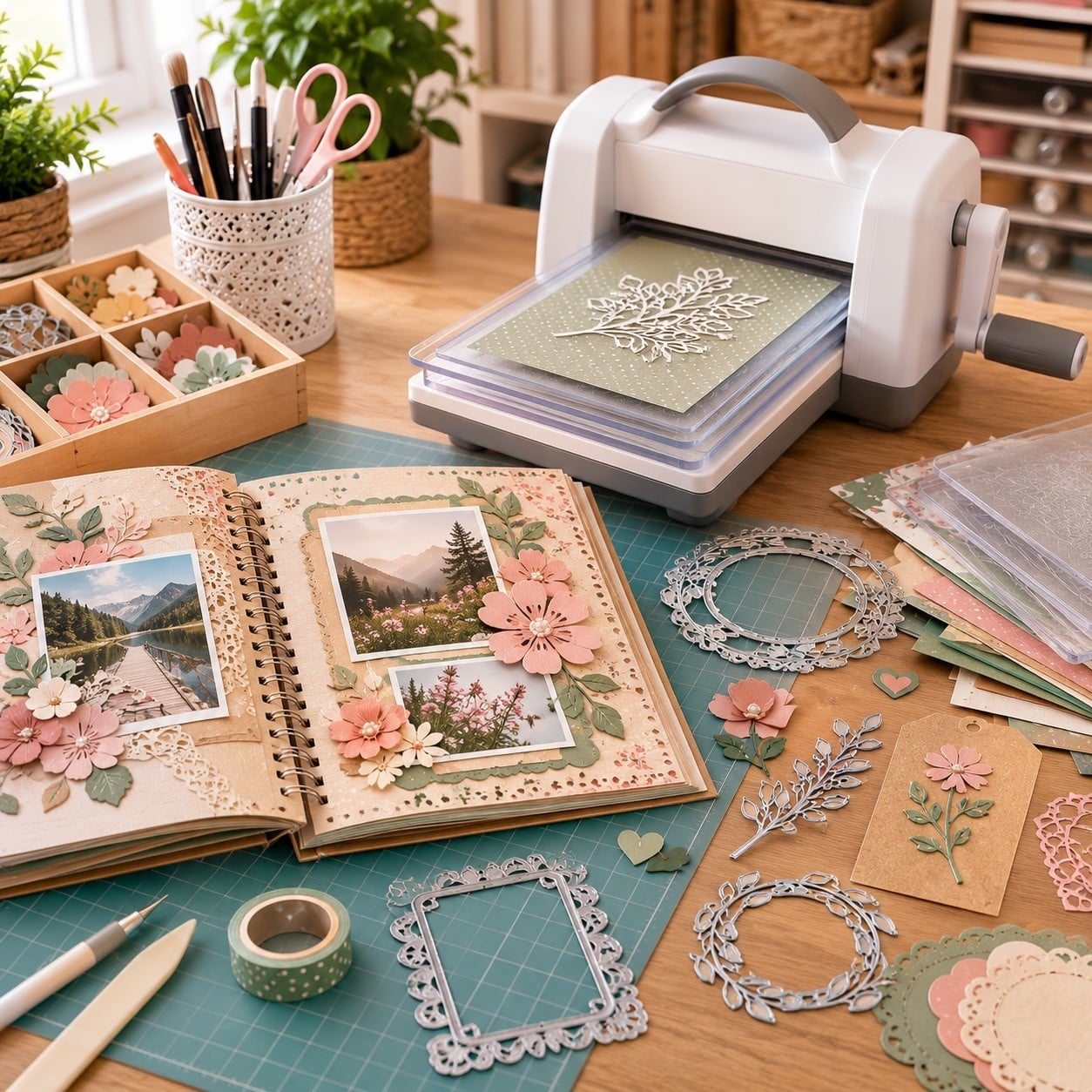 Troqueladora con troqueles y materiales para scrapbooking